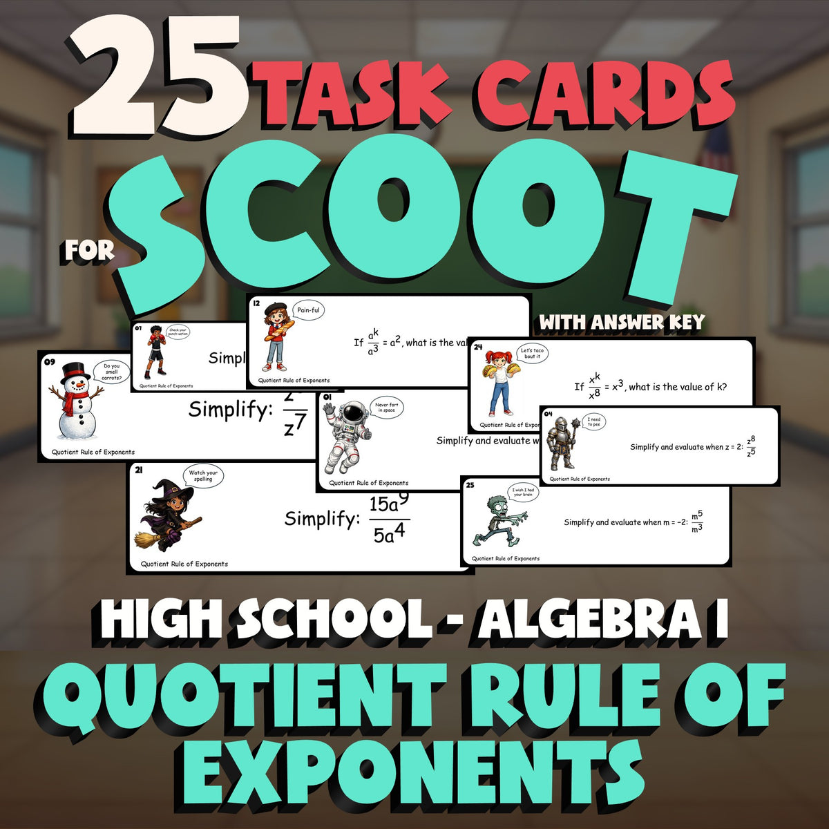 Quotient Rule of Exponents SCOOT TASK CARDS Math Game - No Prep Algebra 1 Review