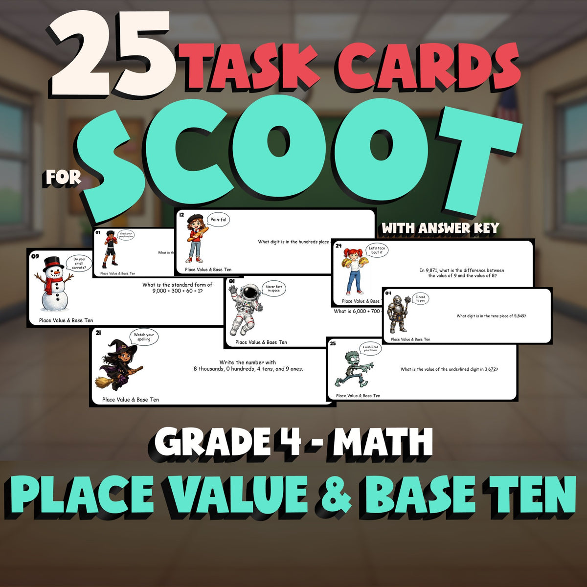 Place Value & Base Ten SCOOT TASK CARDS Math Game - No Prep Grade 4 Review