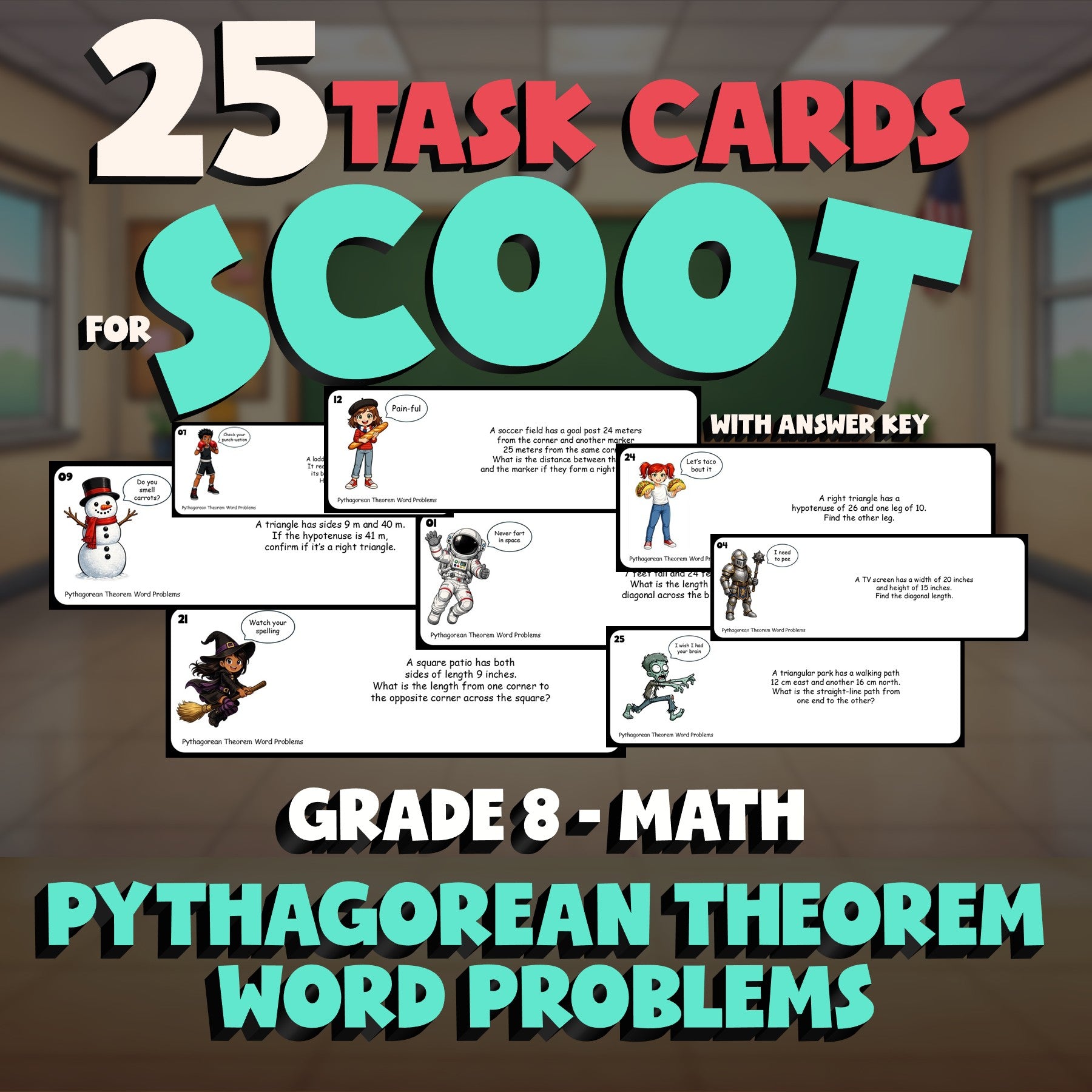 Pythagorean Theorem Word Problems SCOOT TASK CARDS Math Game - No Prep Grade 8
