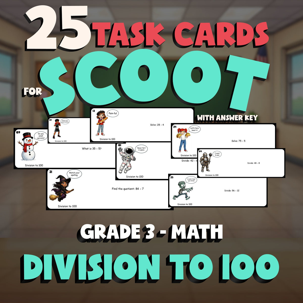 Division to 100 SCOOT TASK CARDS Math Game - No Prep Grade 3 Review Activity