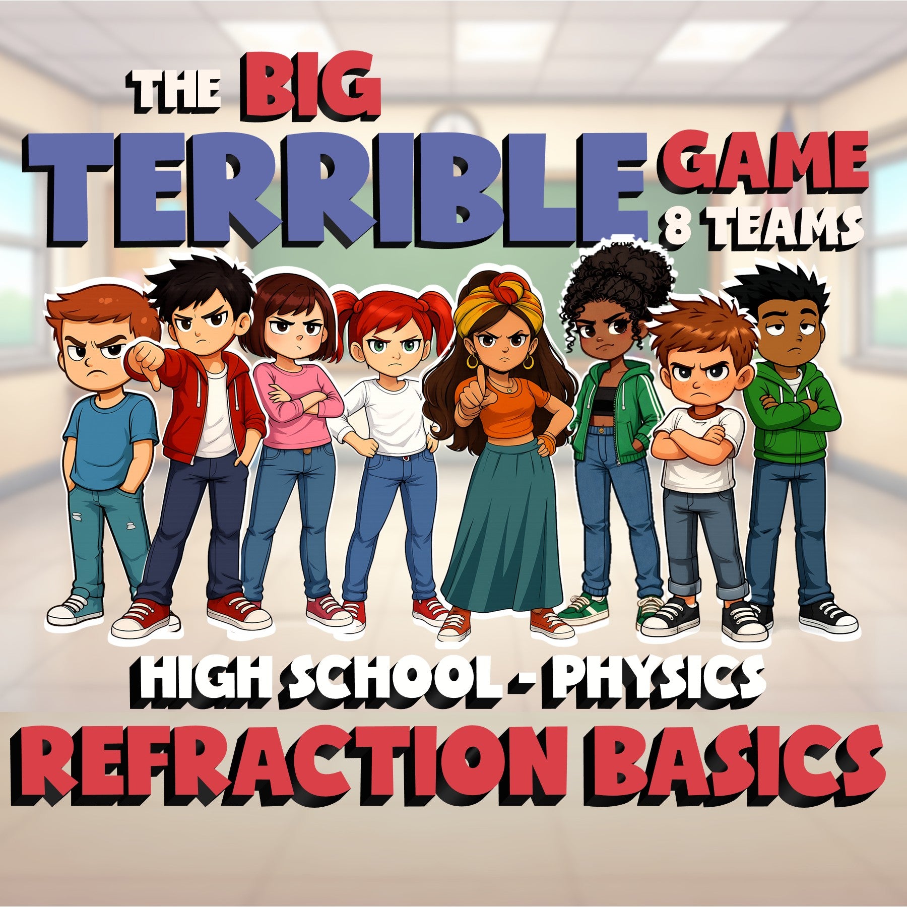 Refraction Basics BIG TERRIBLE GAME - No Prep Physics Science Review Activity