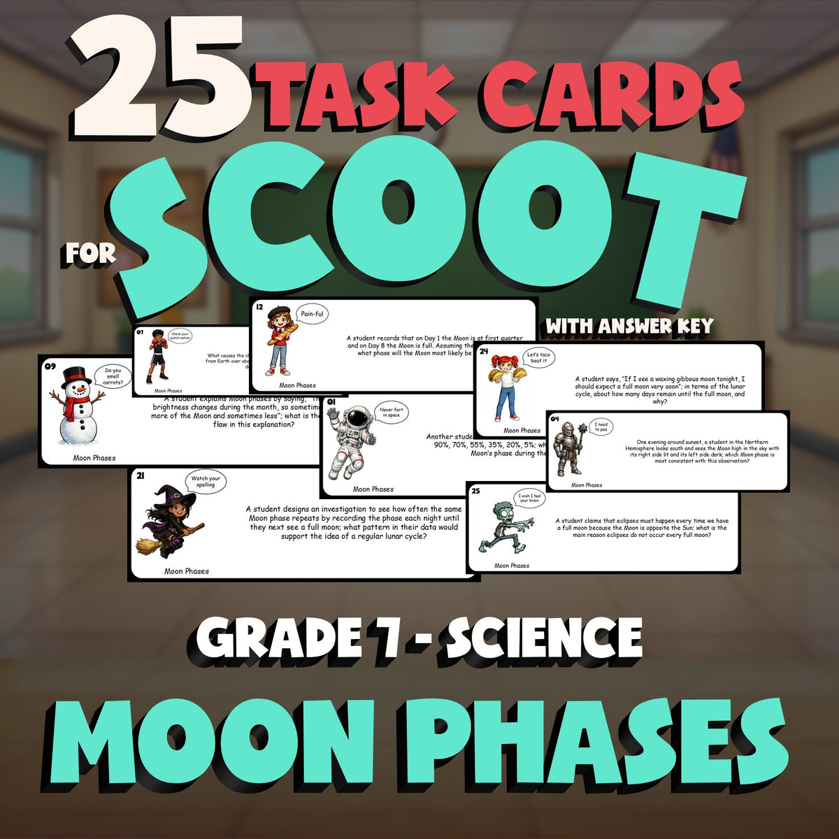 Moon Phases SCOOT TASK CARDS Science Game - No Prep Grade 7 Review Activity