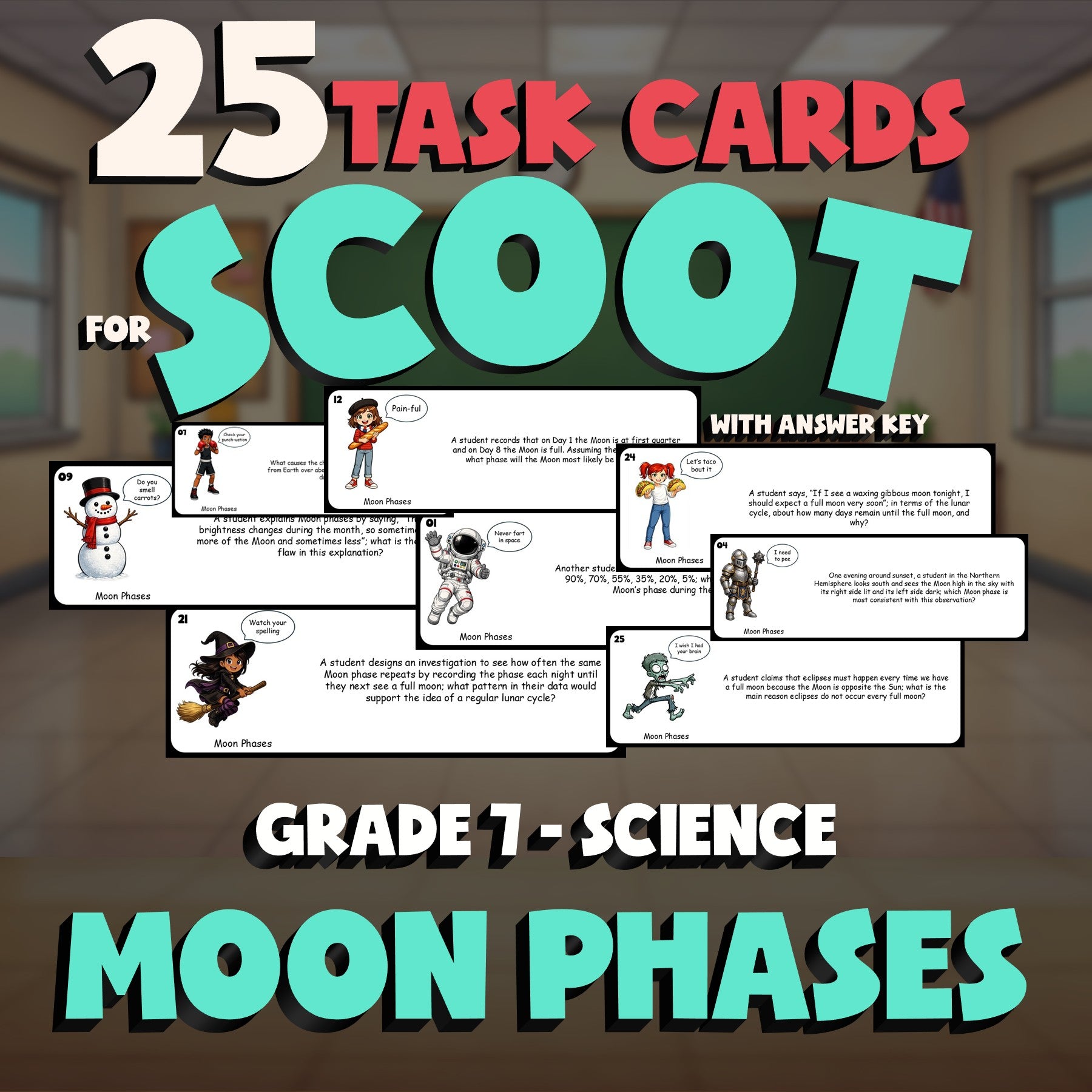 Moon Phases SCOOT TASK CARDS Science Game - No Prep Grade 7 Review Activity