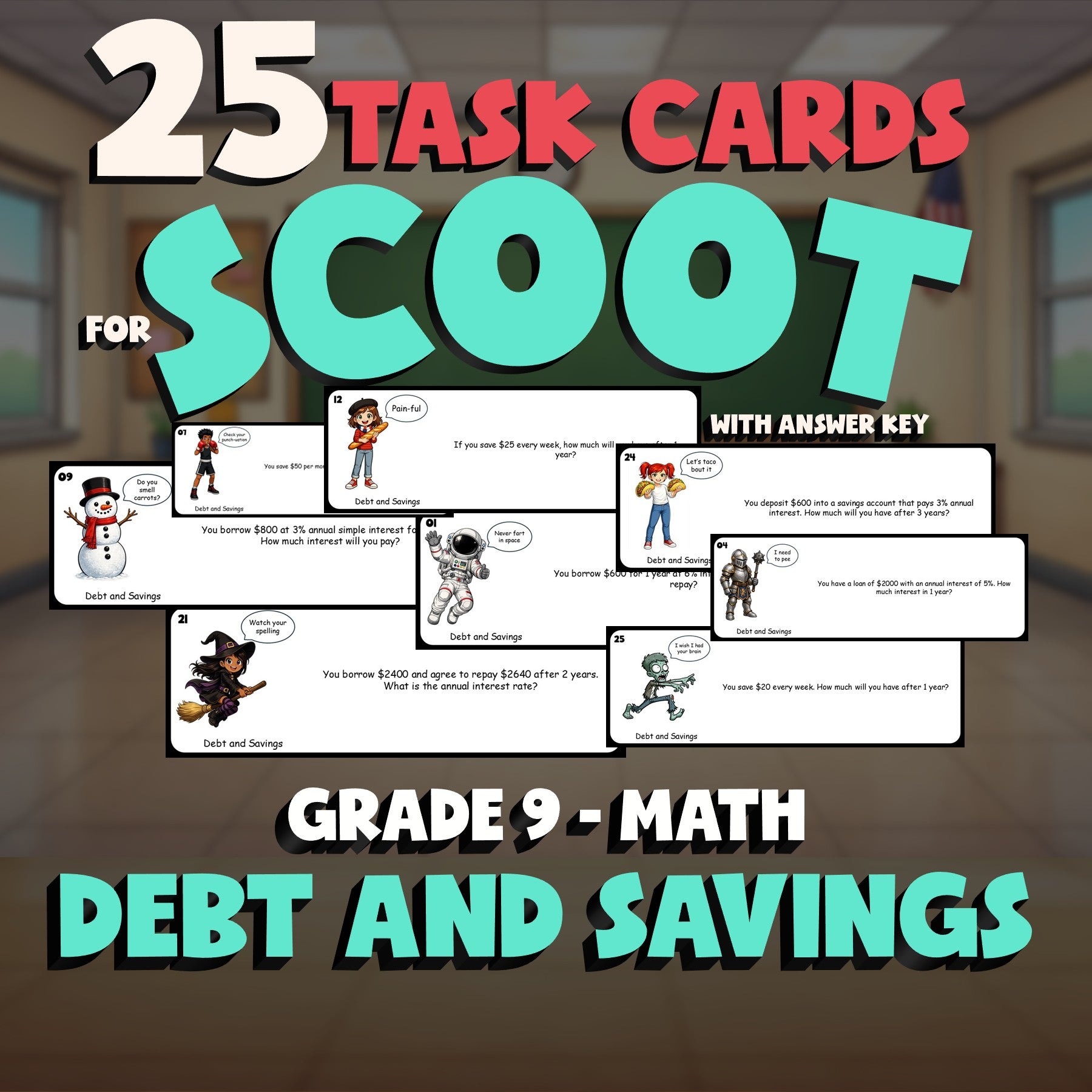 Debt and Savings SCOOT TASK CARDS Math Game - No Prep Grade 9 Review Activity