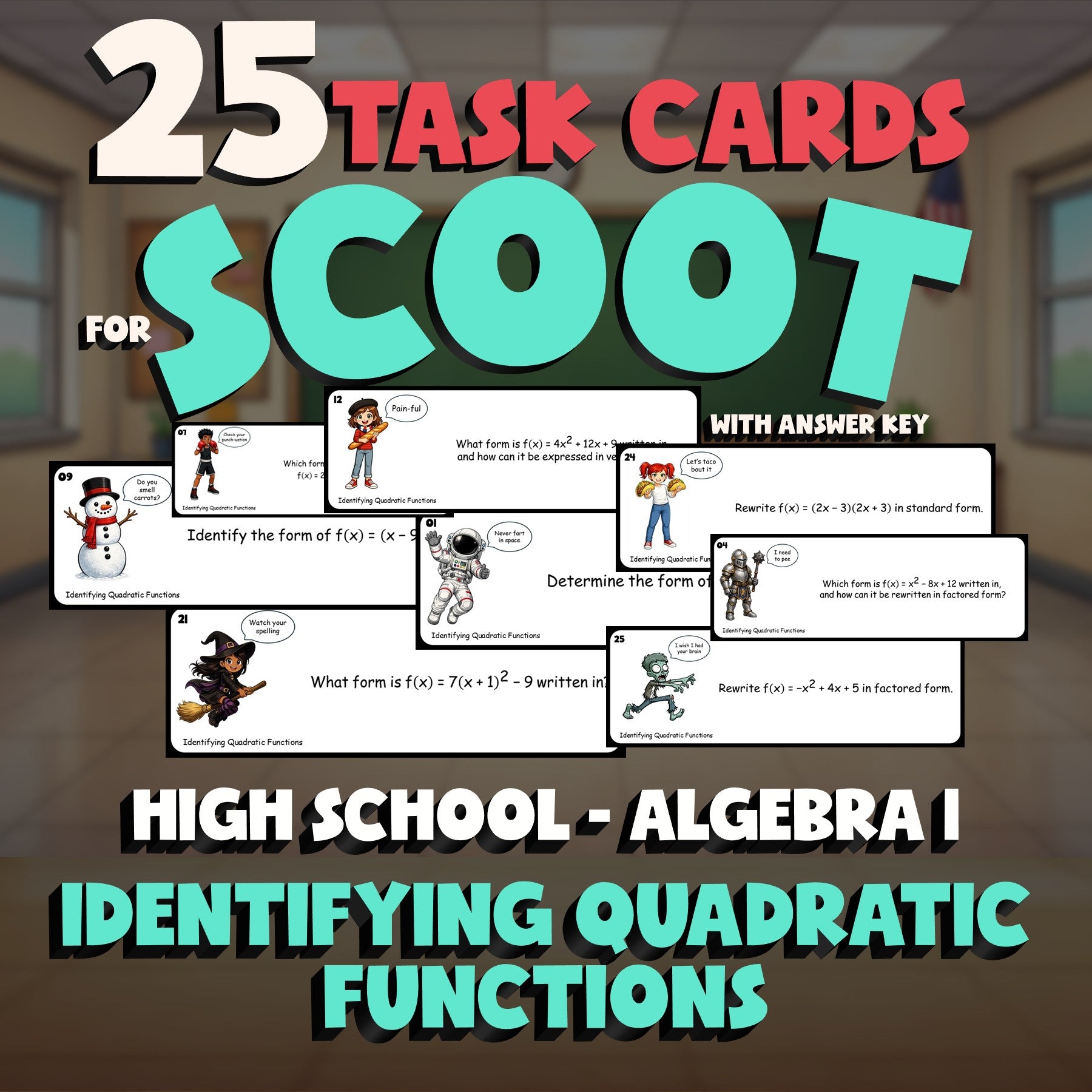 Identifying Quadratic Functions SCOOT TASK CARDS Math Game - No Prep Algebra 1