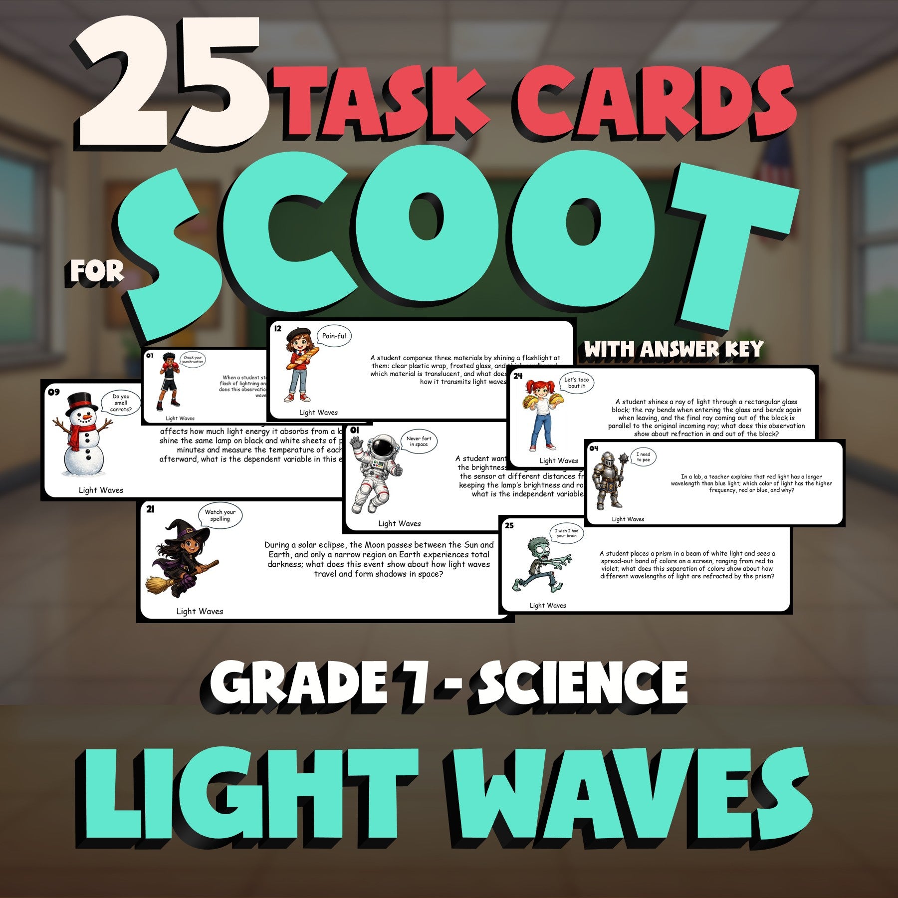 Light Waves SCOOT TASK CARDS Science Game - No Prep Grade 7 Review Activity