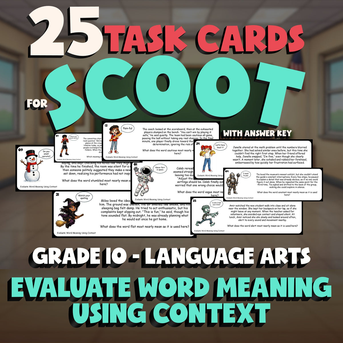 Evaluate Word Meaning Using Context SCOOT TASK CARDS ELA Game - No Prep Grade 10