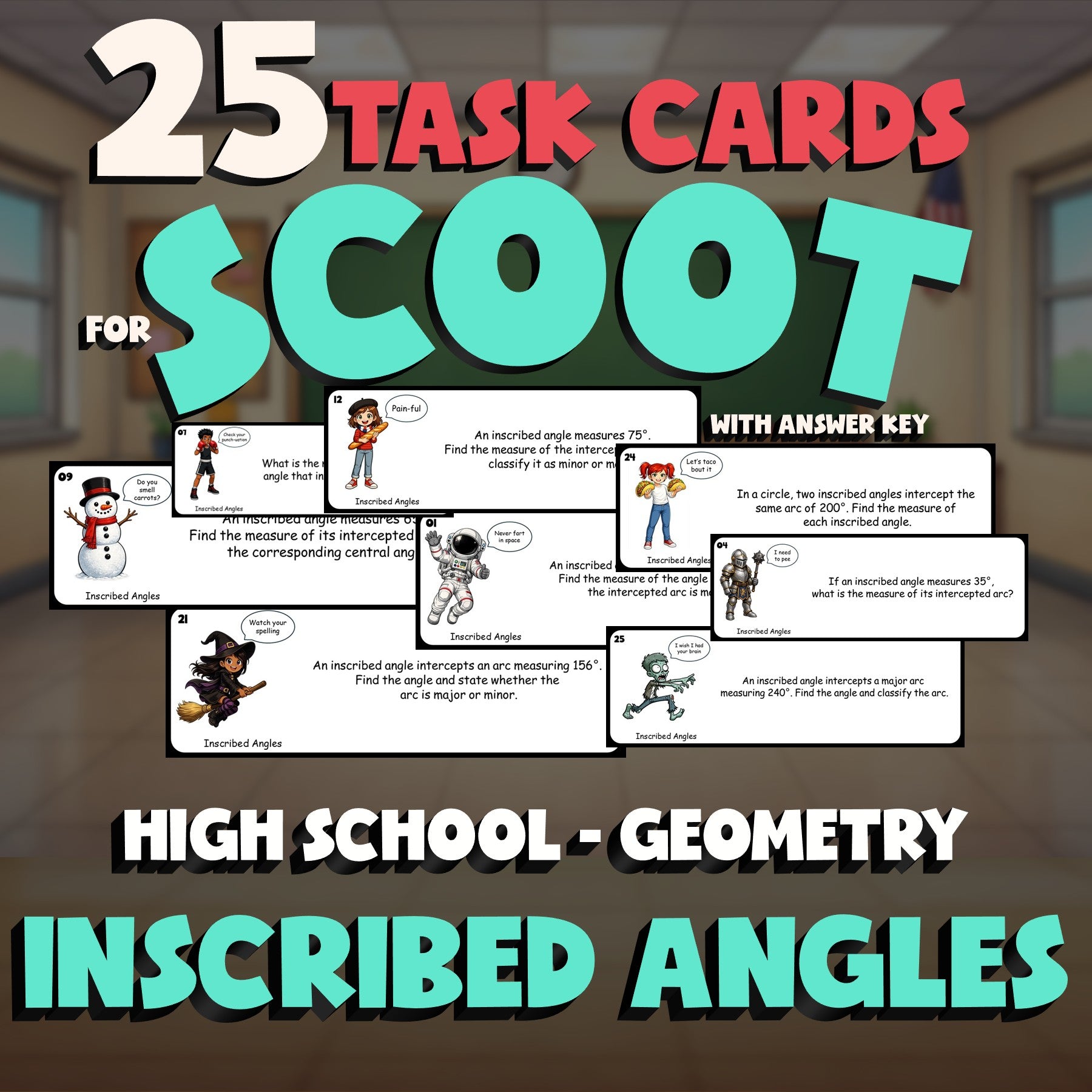 Inscribed Angles SCOOT TASK CARDS Math Game - No Prep Geometry Review Activity