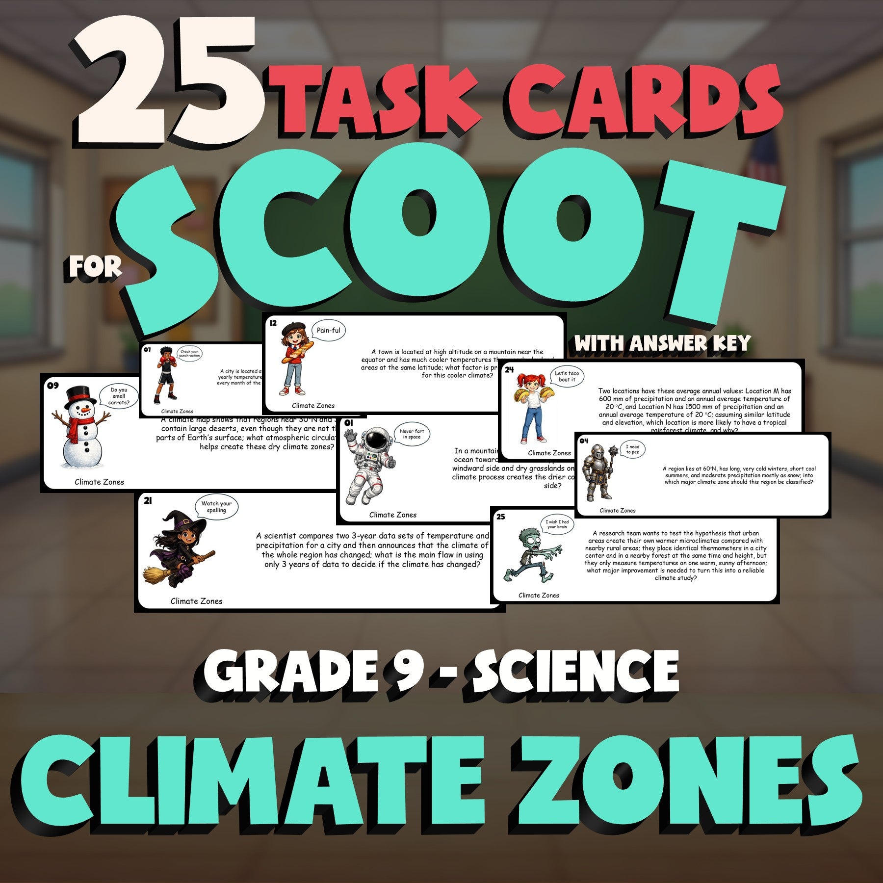 Climate Zones SCOOT TASK CARDS Science Game - No Prep Grade 9 Review Activity