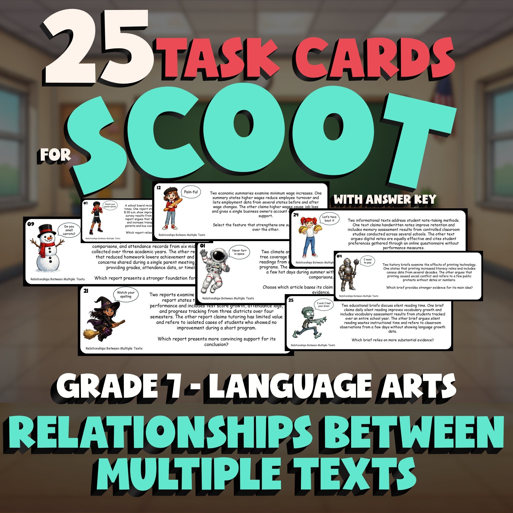 Relationships Between Multiple Texts SCOOT TASK CARDS ELA Game - No Prep Grade 7