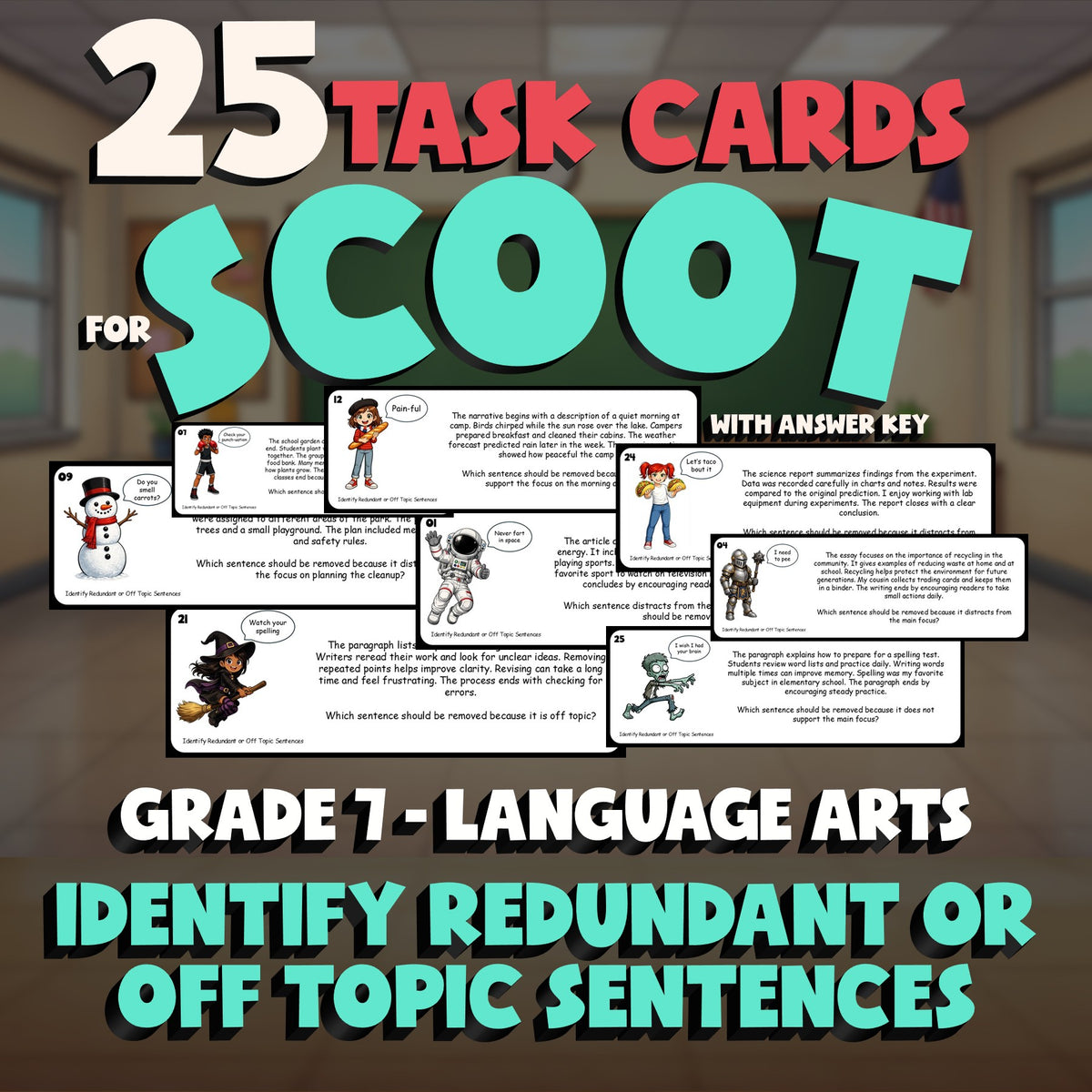 Identify Redundant or Off Topic Sentences SCOOT TASK CARDS ELA Game - Grade 7