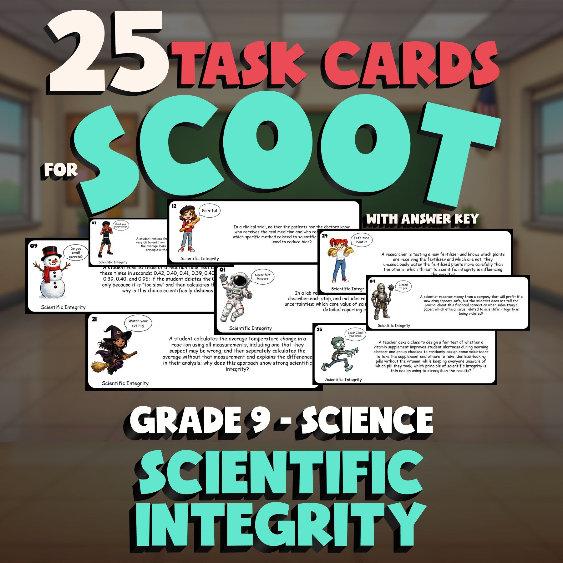 Scientific Integrity SCOOT TASK CARDS Science Game - No Prep Grade 9 Review