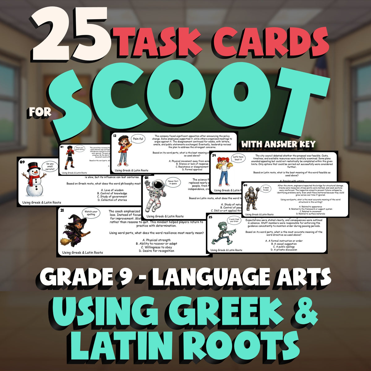 Using Greek & Latin Roots SCOOT TASK CARDS ELA Game - No Prep Grade 9 Review