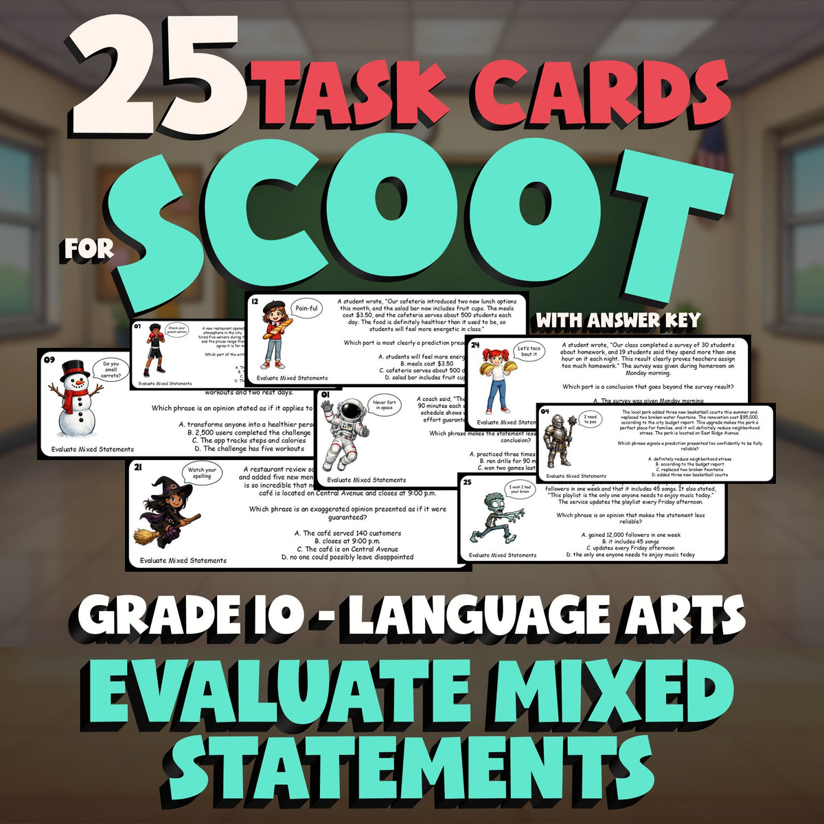 Evaluate Mixed Statements SCOOT TASK CARDS ELA Game - No Prep Grade 10 Review