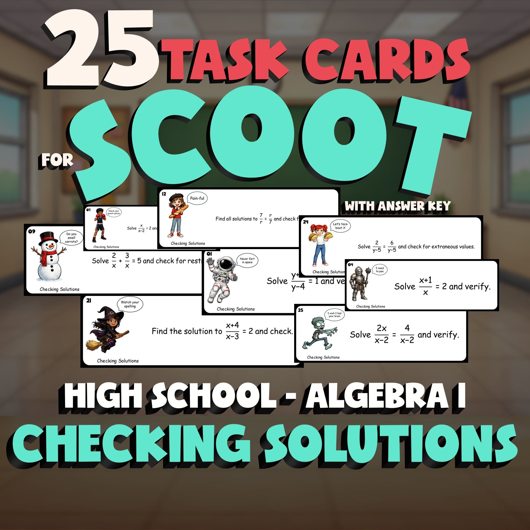 Checking Solutions SCOOT TASK CARDS Math Game - No Prep Algebra 1 Review