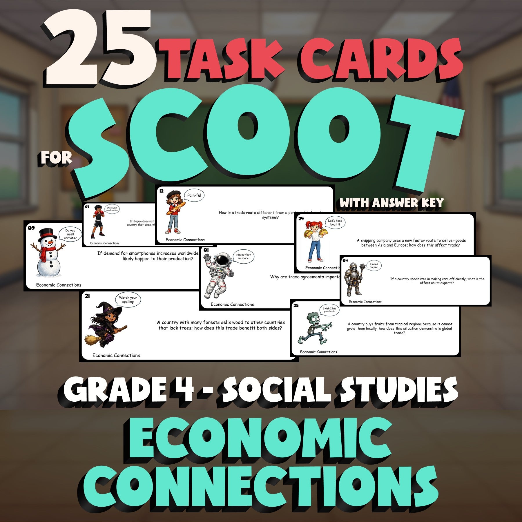 Economic Connections SCOOT TASK CARDS Socials Game - No Prep Grade 4 Review