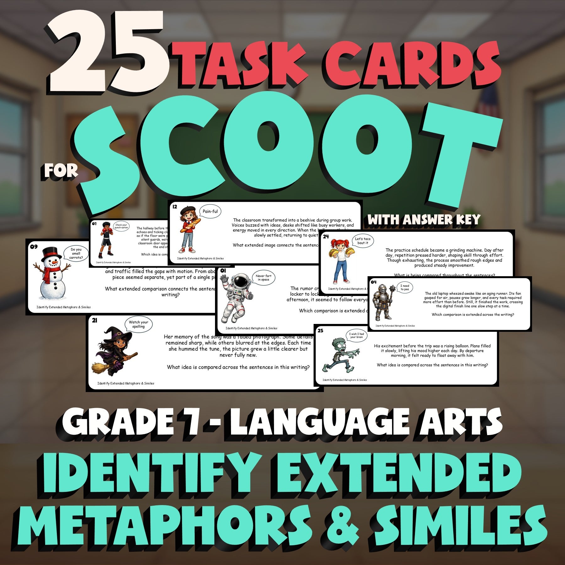 Identify Extended Metaphors & Similes SCOOT TASK CARDS ELA Game - Grade 7