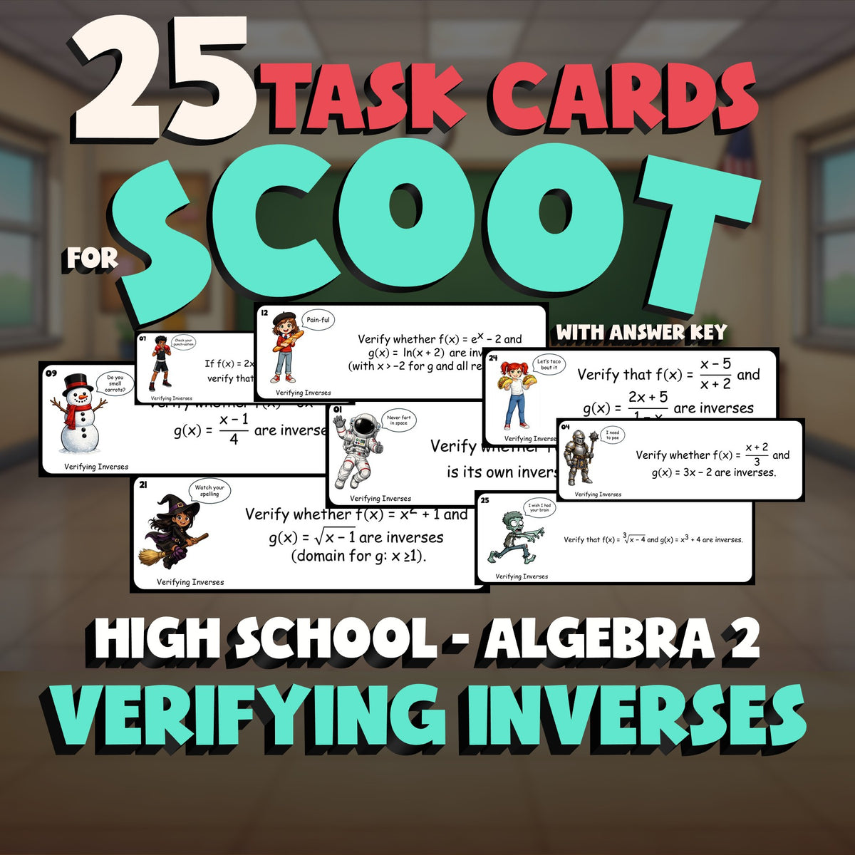 Verifying Inverses SCOOT TASK CARDS Math Game - No Prep Algebra 2 Review
