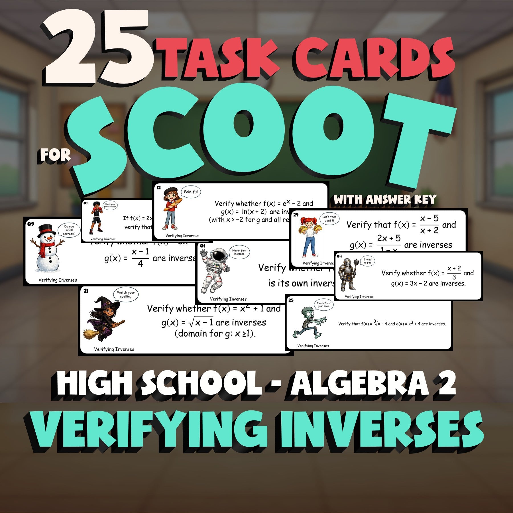Verifying Inverses SCOOT TASK CARDS Math Game - No Prep Algebra 2 Review