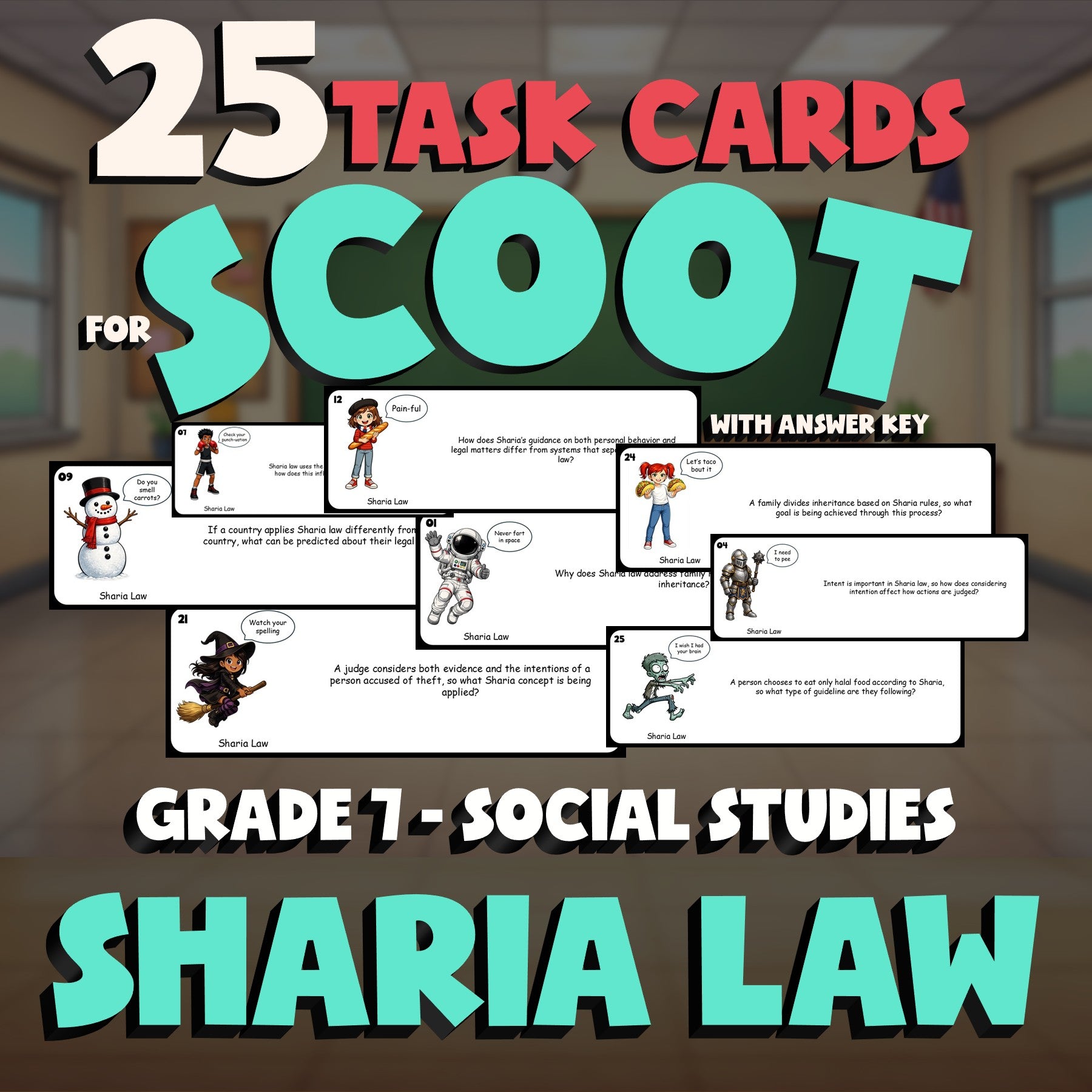 Sharia Law SCOOT TASK CARDS Socials Game - No Prep Grade 7 Review Activity