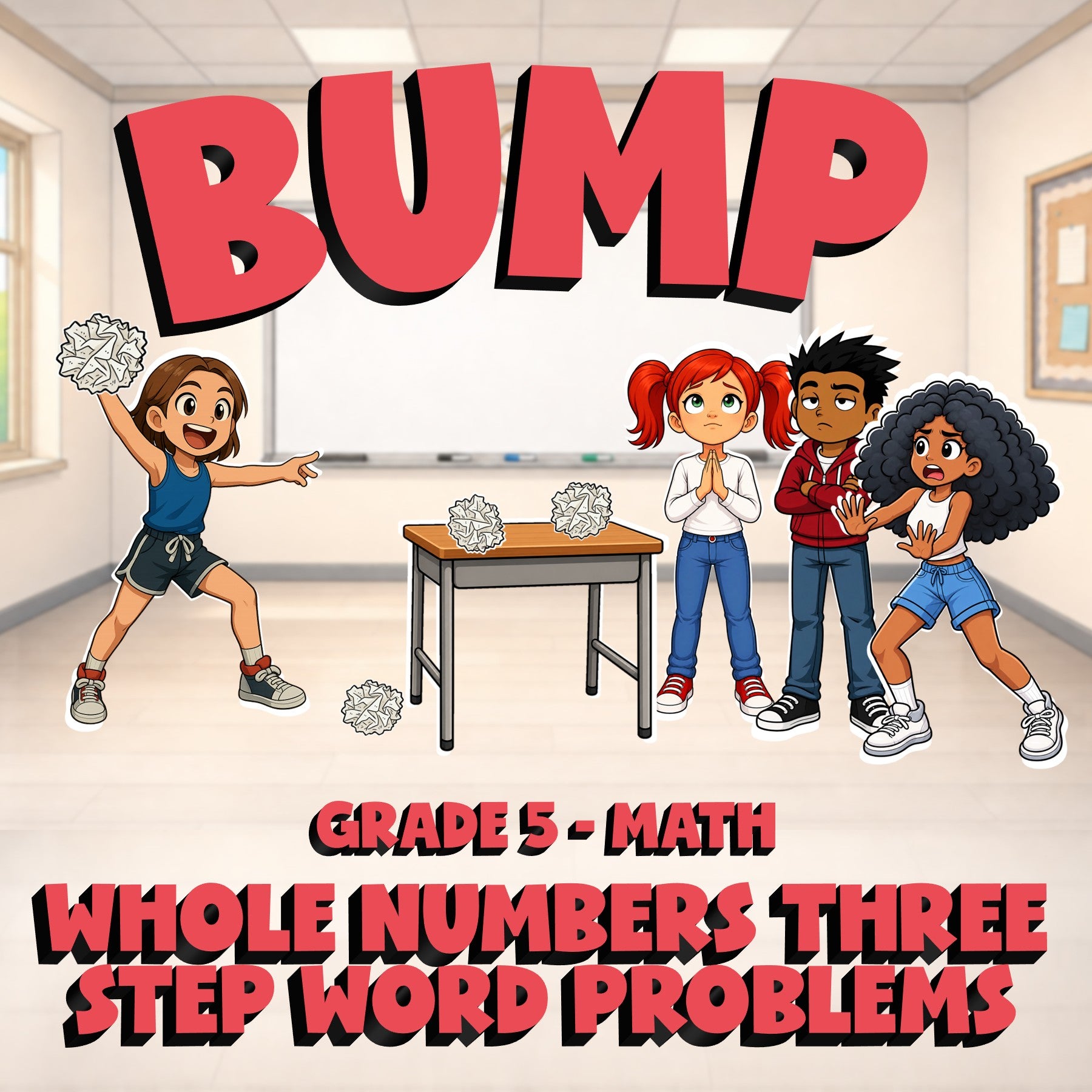 Whole Numbers Three Step Word Problems BUMP Math Game - No Prep Grade 5 Review