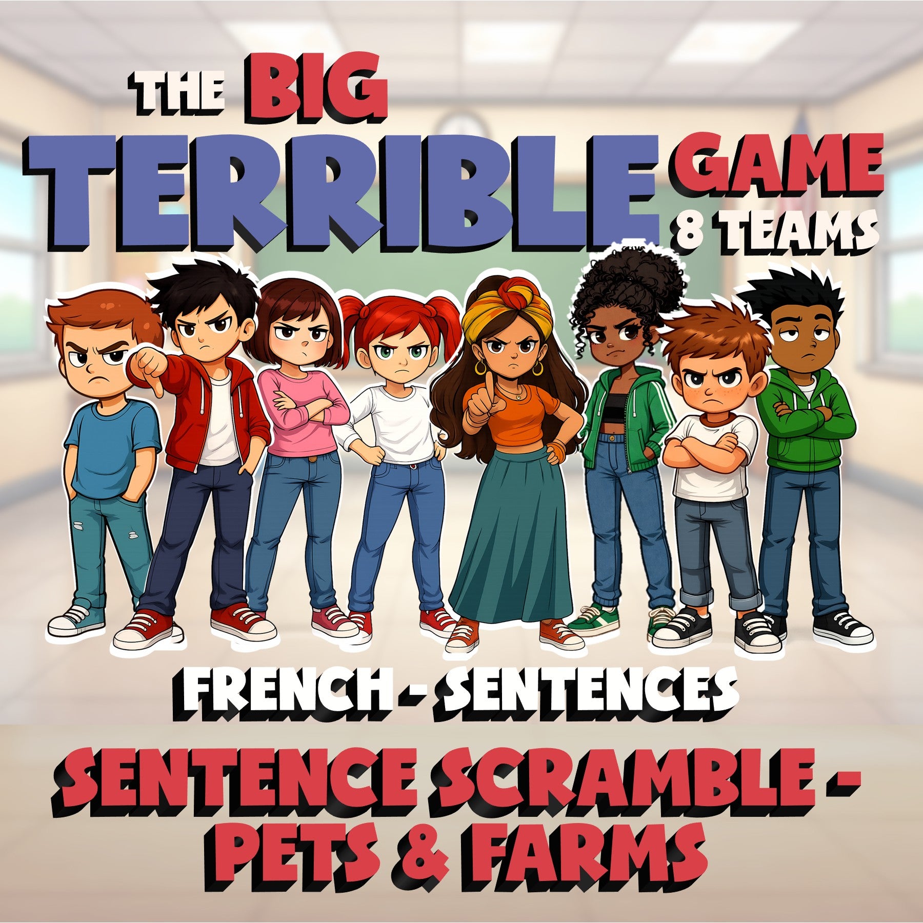 Sentence Scramble - Pets & Farms BIG TERRIBLE GAME - No Prep French Exercise