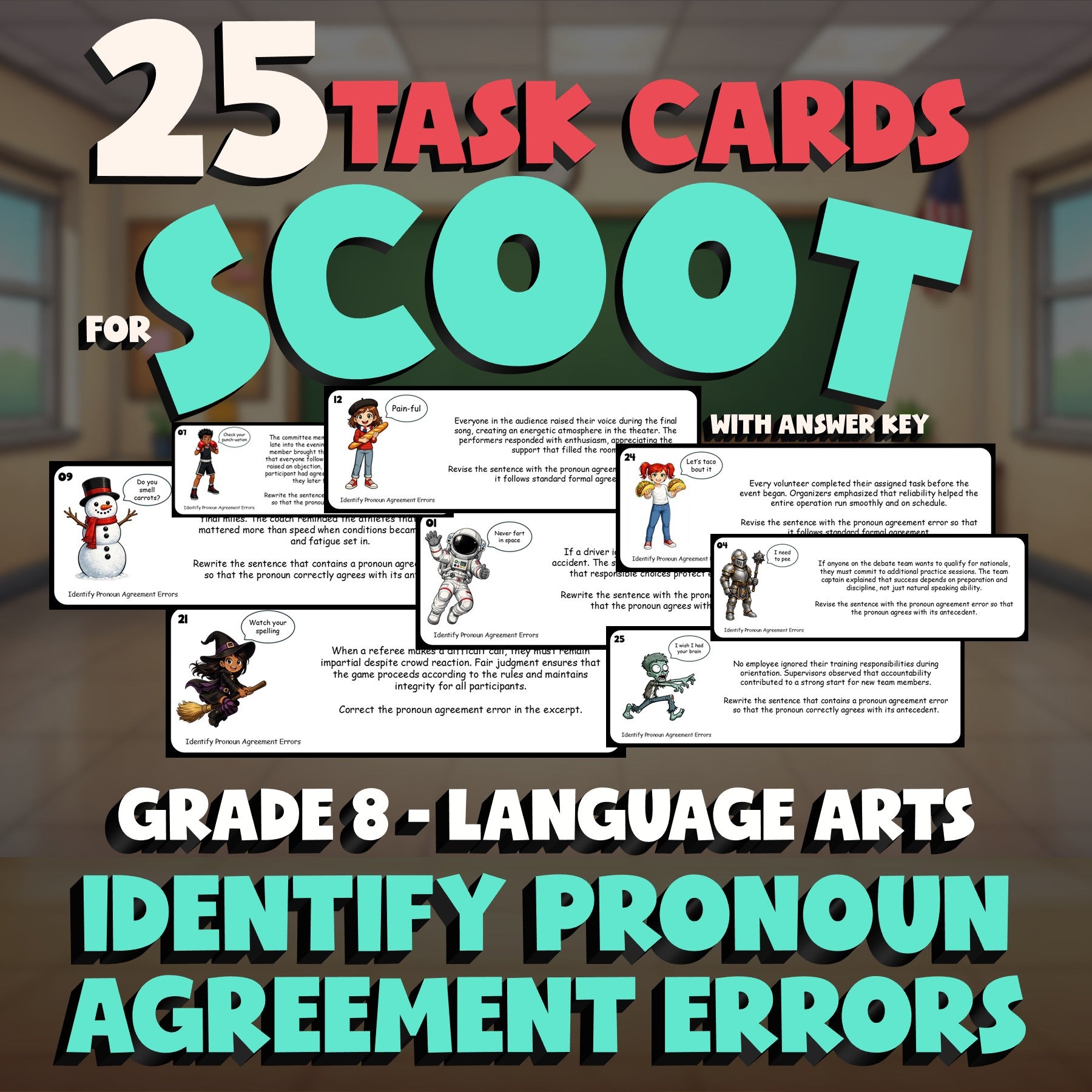 Identify Pronoun Agreement Errors SCOOT TASK CARDS ELA Game - No Prep Grade 8