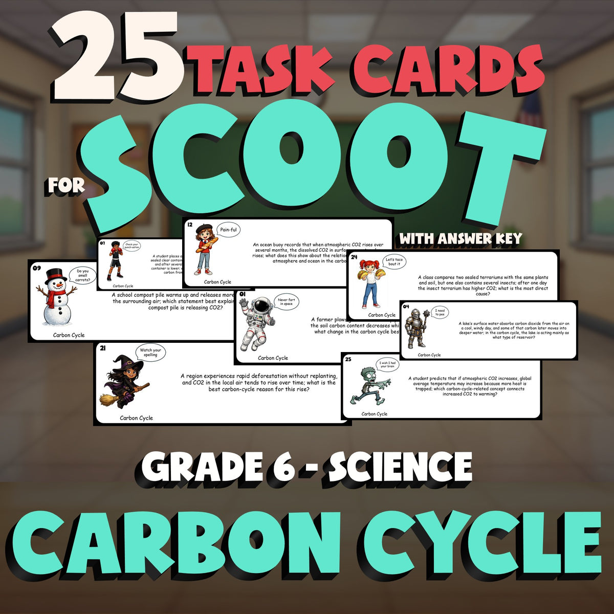 Carbon Cycle SCOOT TASK CARDS Science Game - No Prep Grade 6 Review Activity