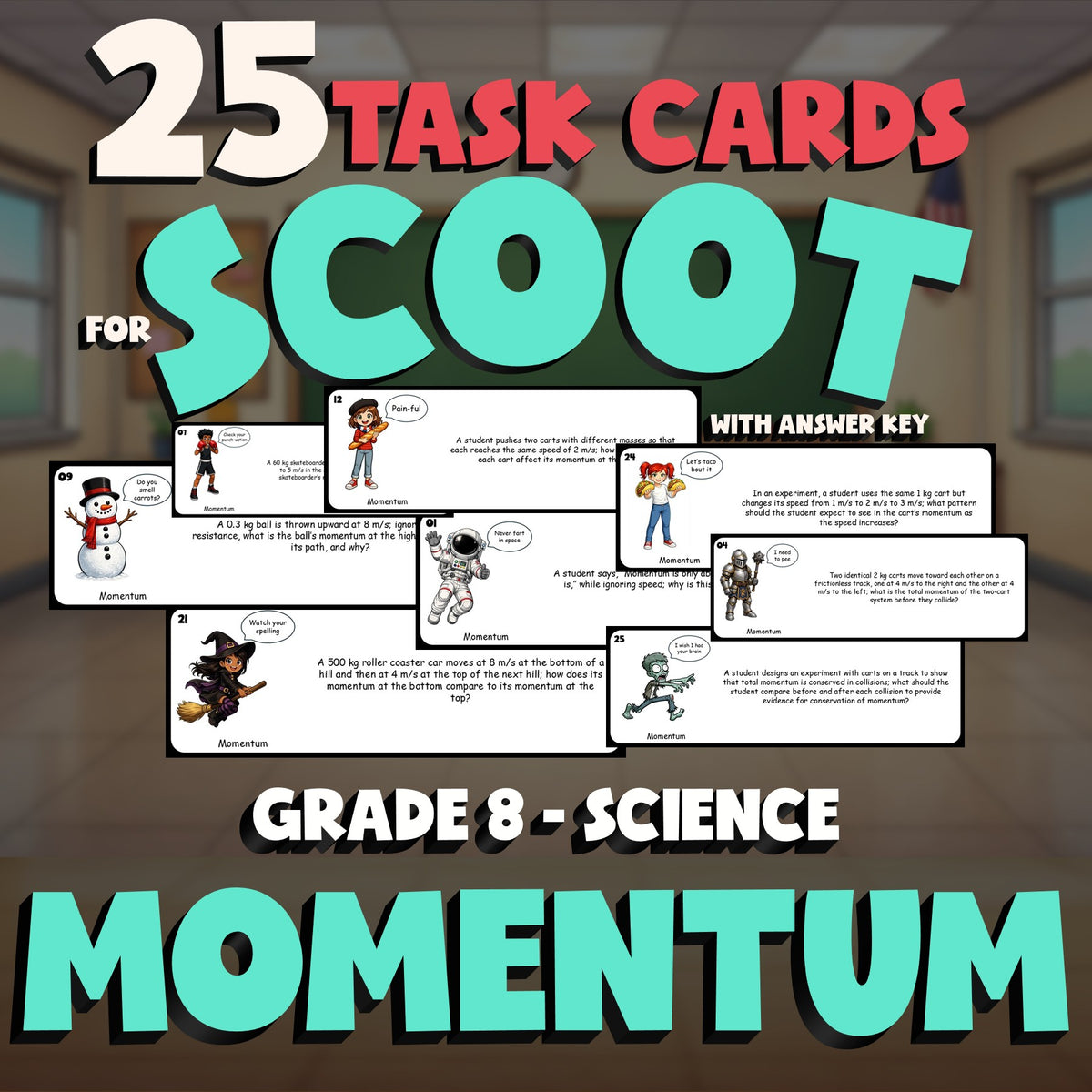 Momentum SCOOT TASK CARDS Science Game - No Prep Grade 8 Review Activity