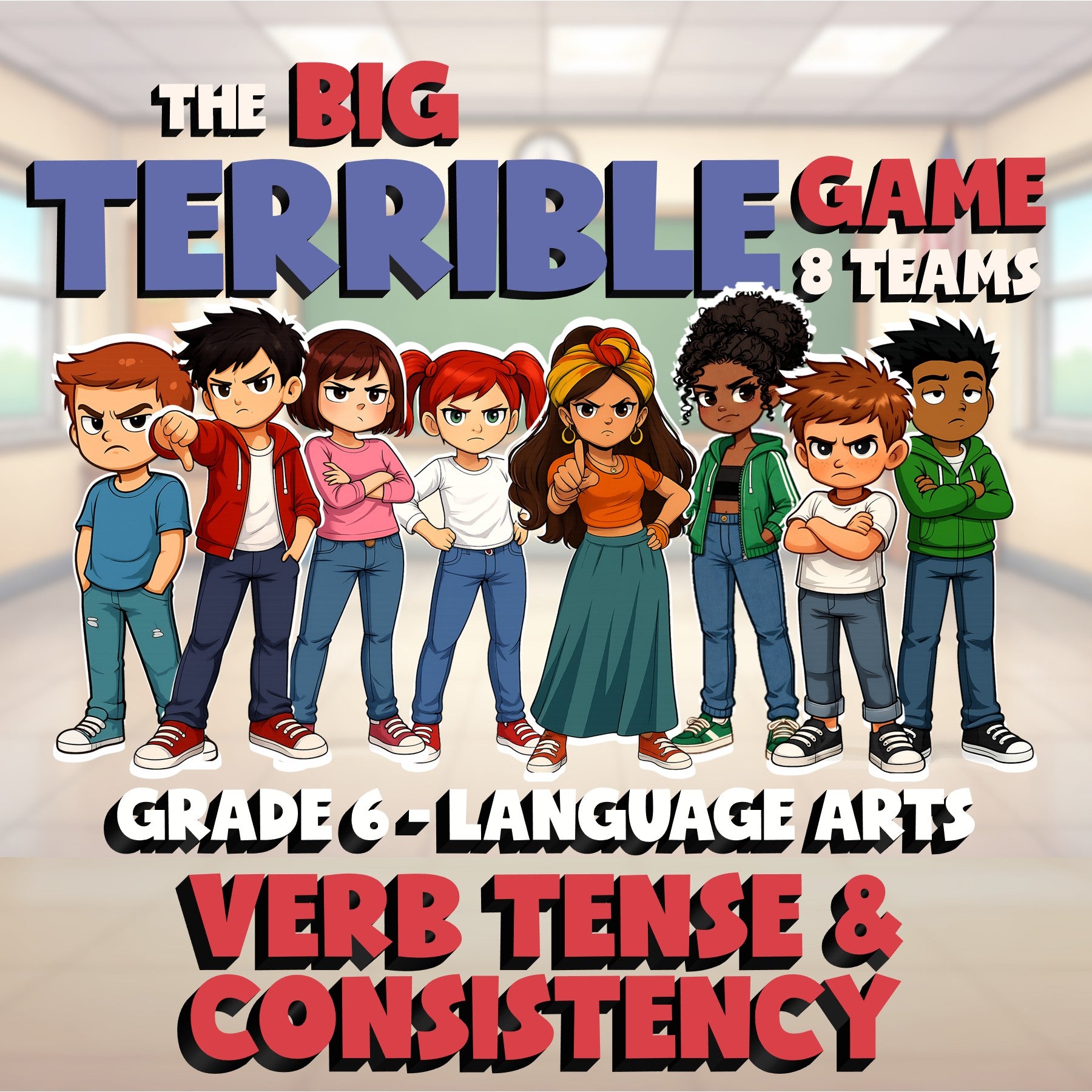 Verb Tense & Consistency BIG TERRIBLE GAME - No Prep Grade 6 ELA Review Activity
