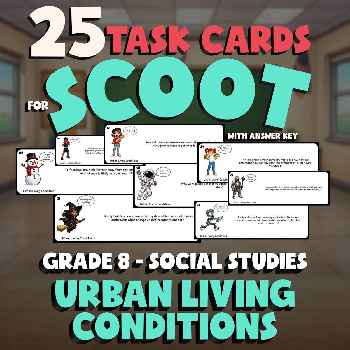 Urban Living Conditions SCOOT TASK CARDS Socials Game - No Prep Grade 8 Review
