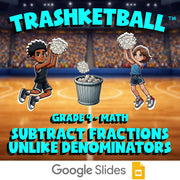 Subtract Fractions  Unlike Denominators TRASHKETBALL Math Game - No Prep Grade 4