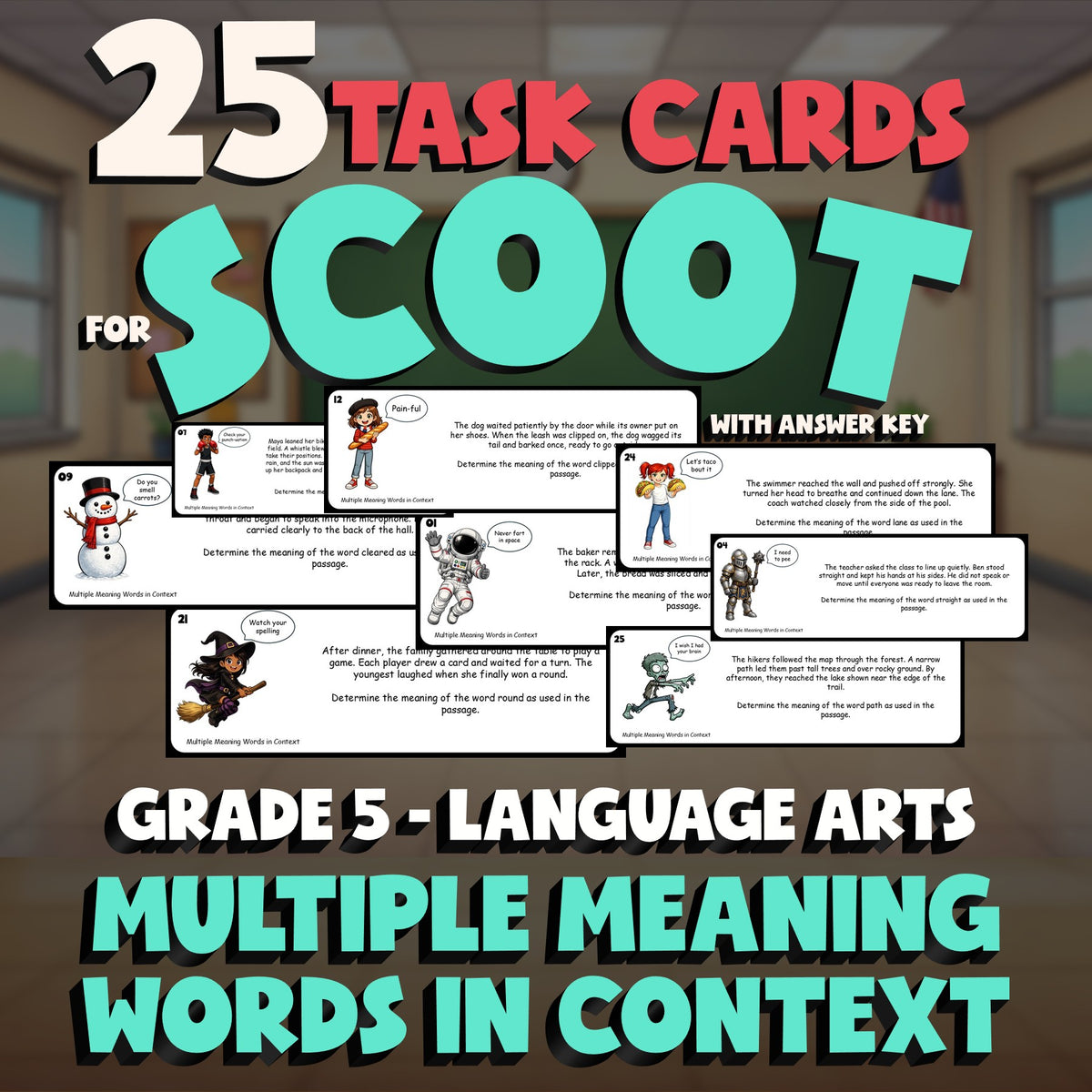 Multiple Meaning Words in Context SCOOT TASK CARDS ELA Game - No Prep Grade 5