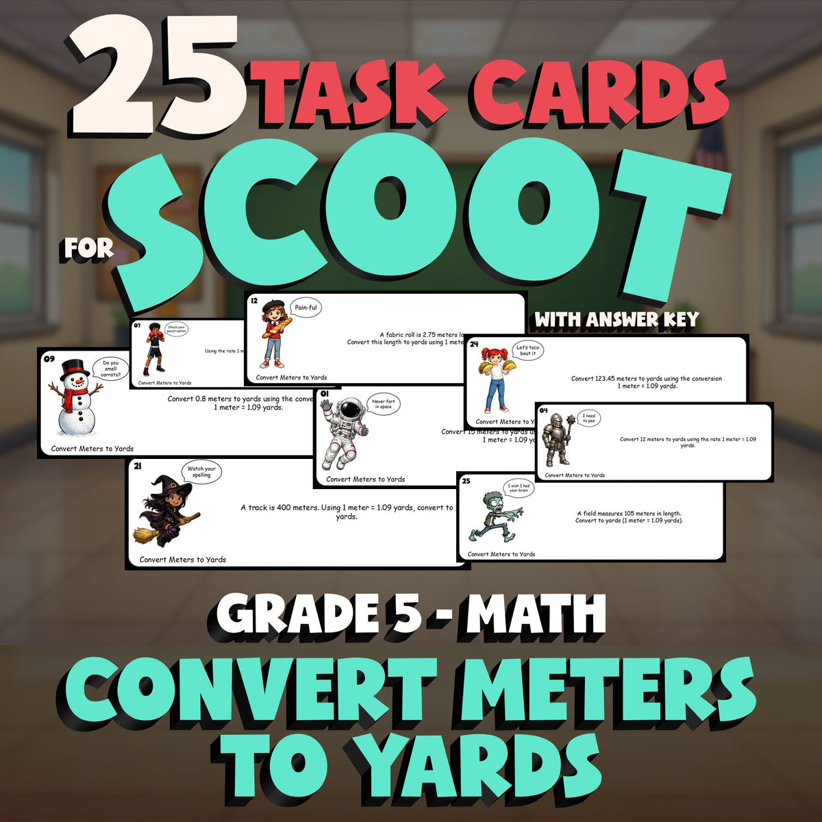 Convert Meters to Yards SCOOT TASK CARDS Math Game - No Prep Grade 5 Review