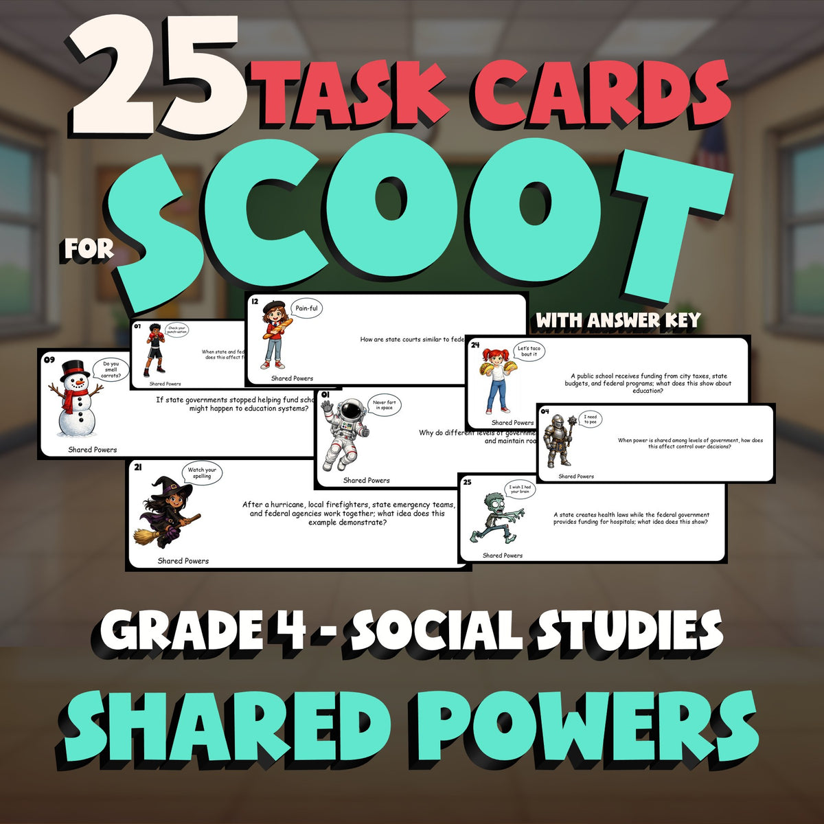 Shared Powers SCOOT TASK CARDS Socials Game - No Prep Grade 4 Review Activity