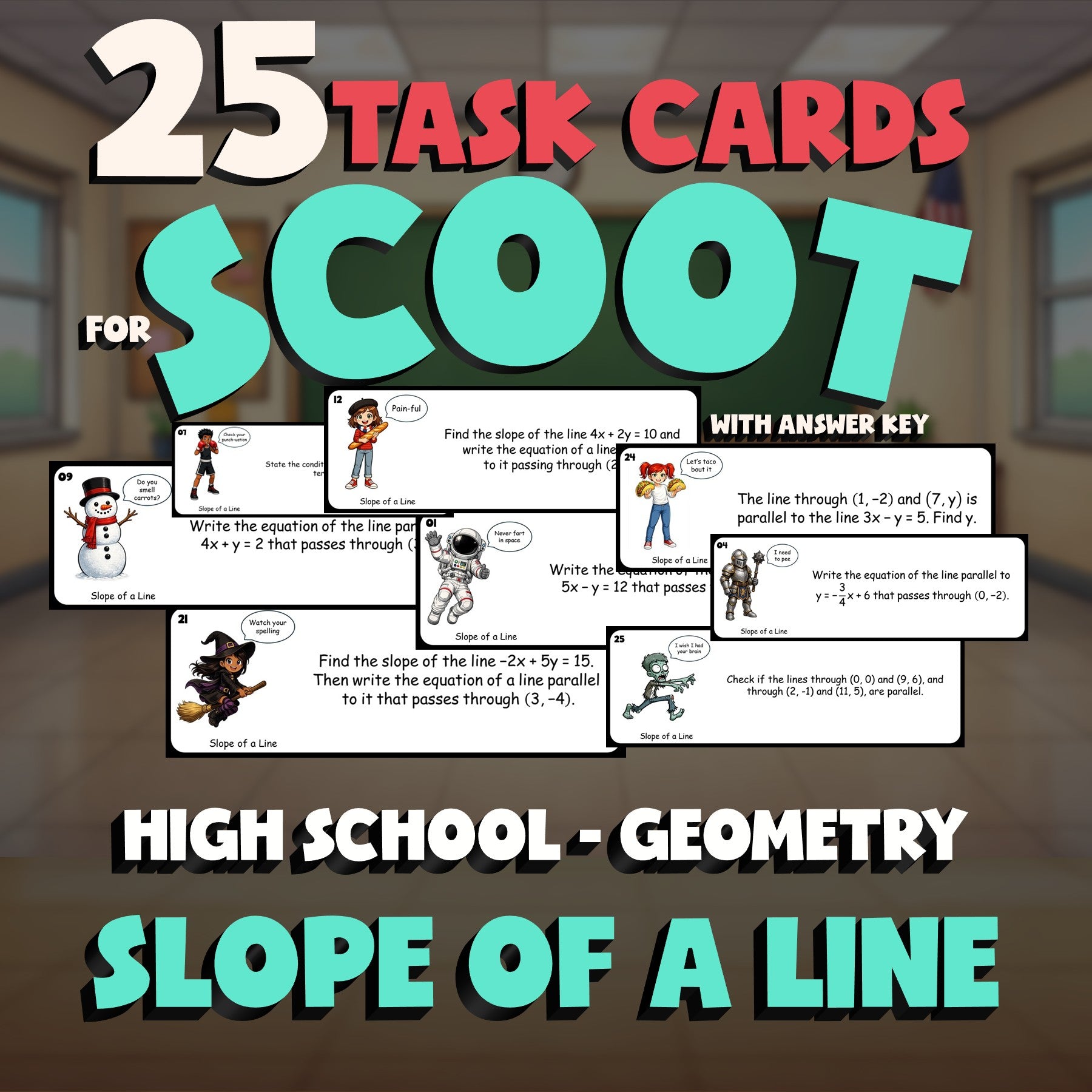 Slope of a Line SCOOT TASK CARDS Math Game - No Prep Geometry Review Activity