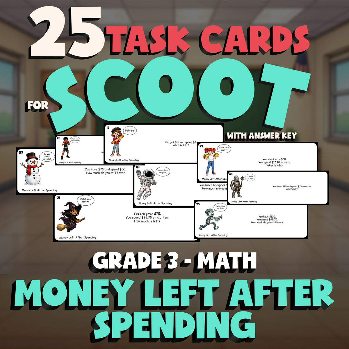 Money Left After Spending SCOOT TASK CARDS Math Game - No Prep Grade 3 Review