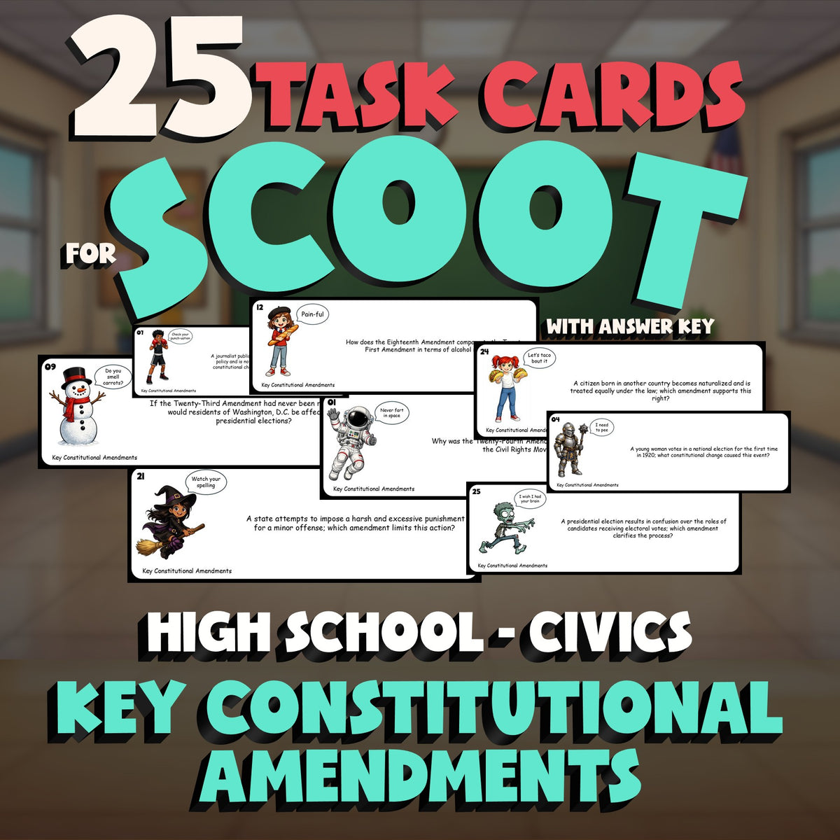 Key Constitutional Amendments SCOOT TASK CARDS Civics Game - No Prep Review
