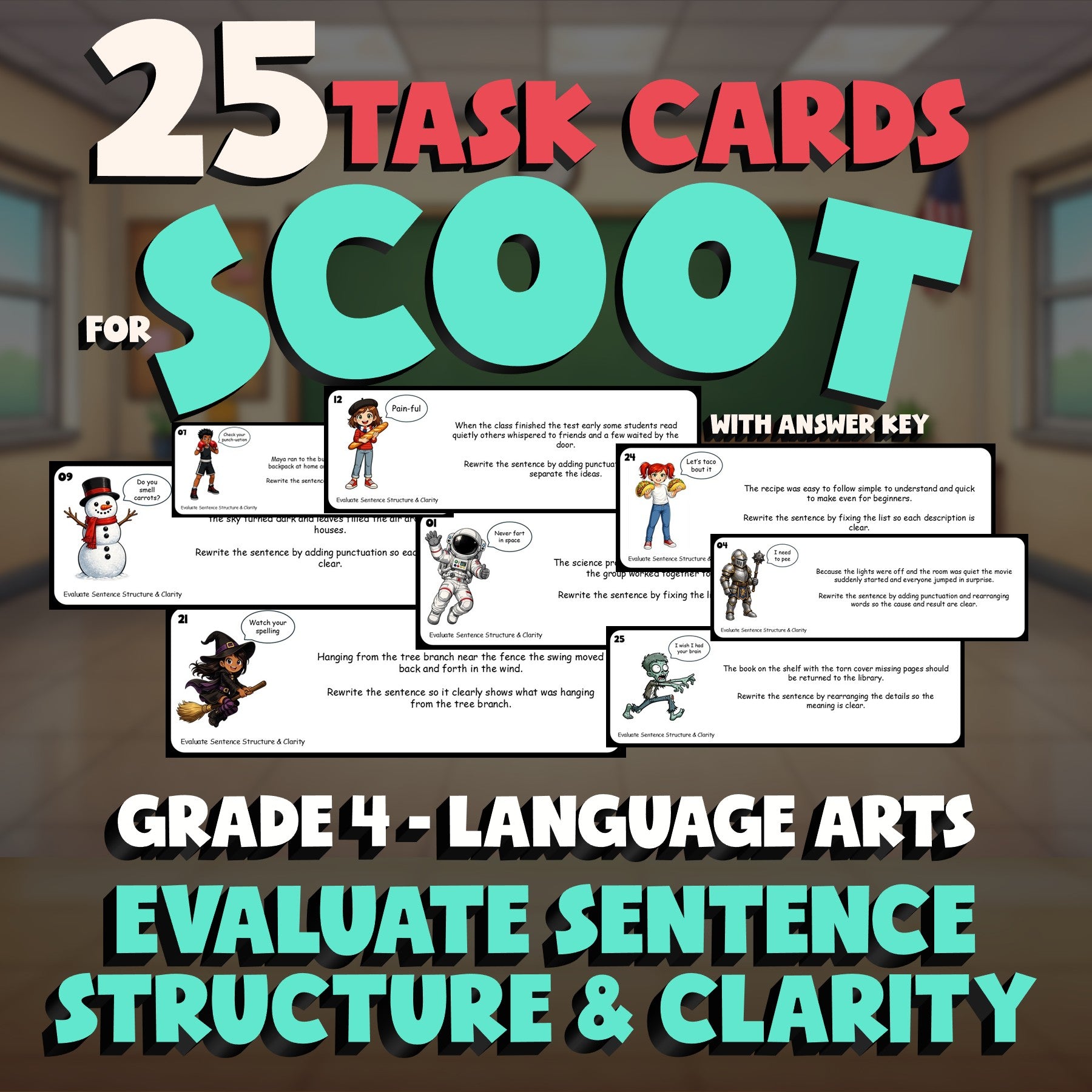 Evaluate Sentence Structure & Clarity SCOOT TASK CARDS ELA Game - Grade 4