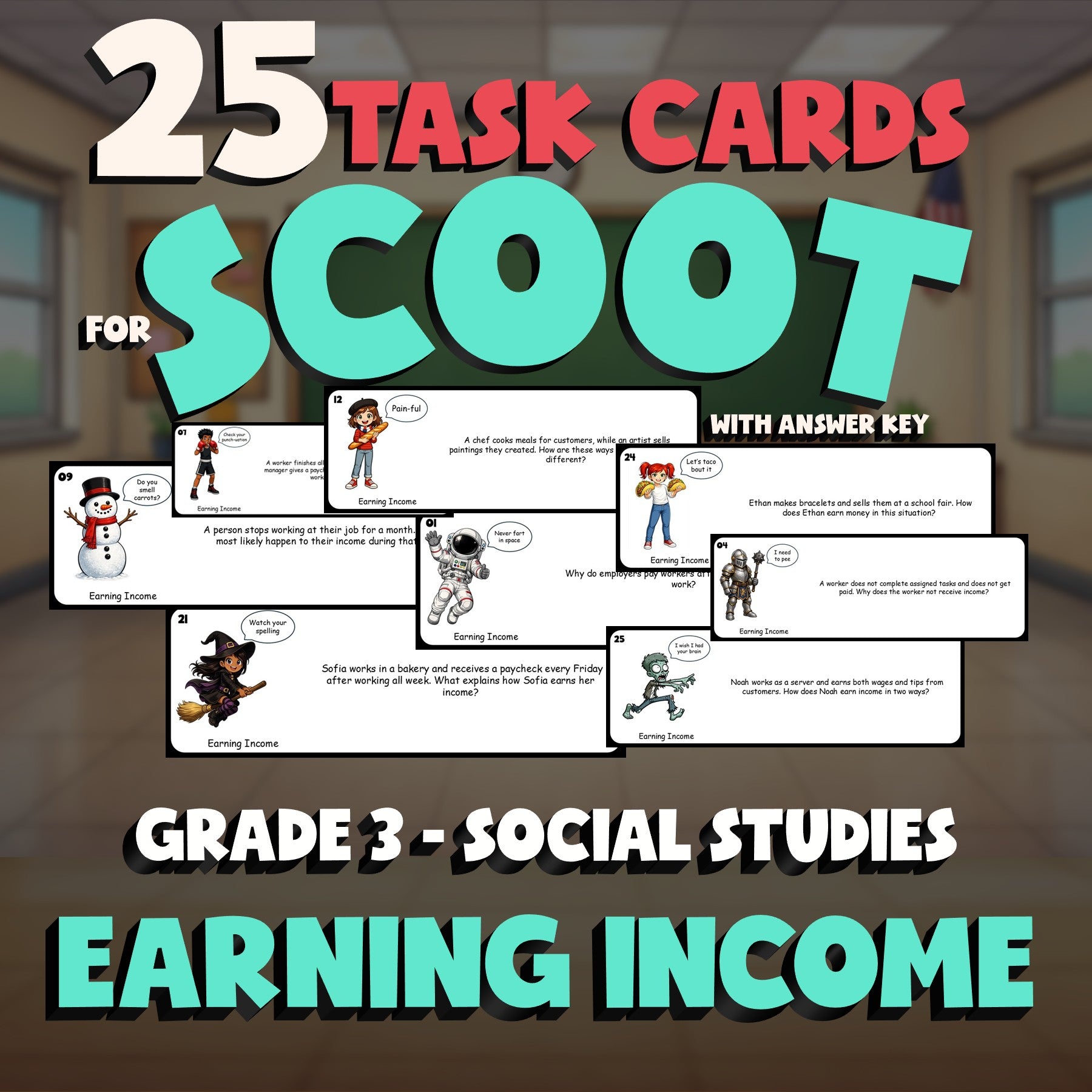 Earning Income SCOOT TASK CARDS Socials Game - No Prep Grade 3 Review Activity