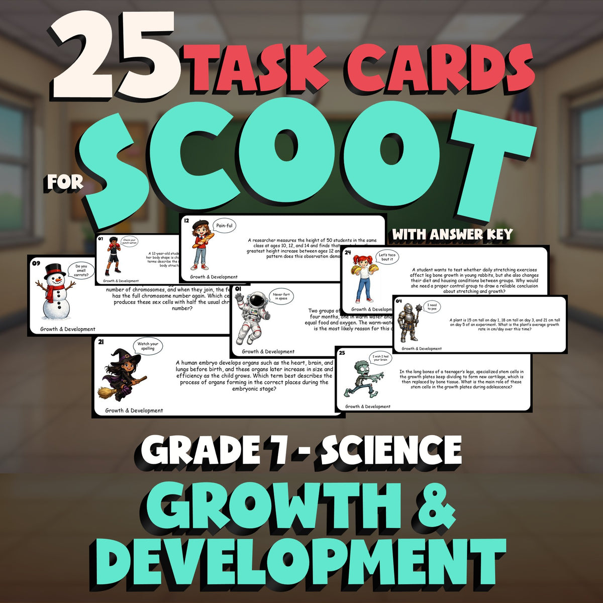 Growth & Development SCOOT TASK CARDS Science Game - No Prep Grade 7 Review