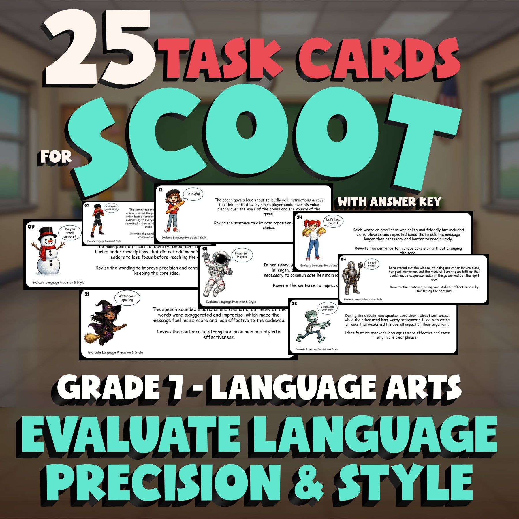 Evaluate Language Precision & Style SCOOT TASK CARDS ELA Game - No Prep Grade 7