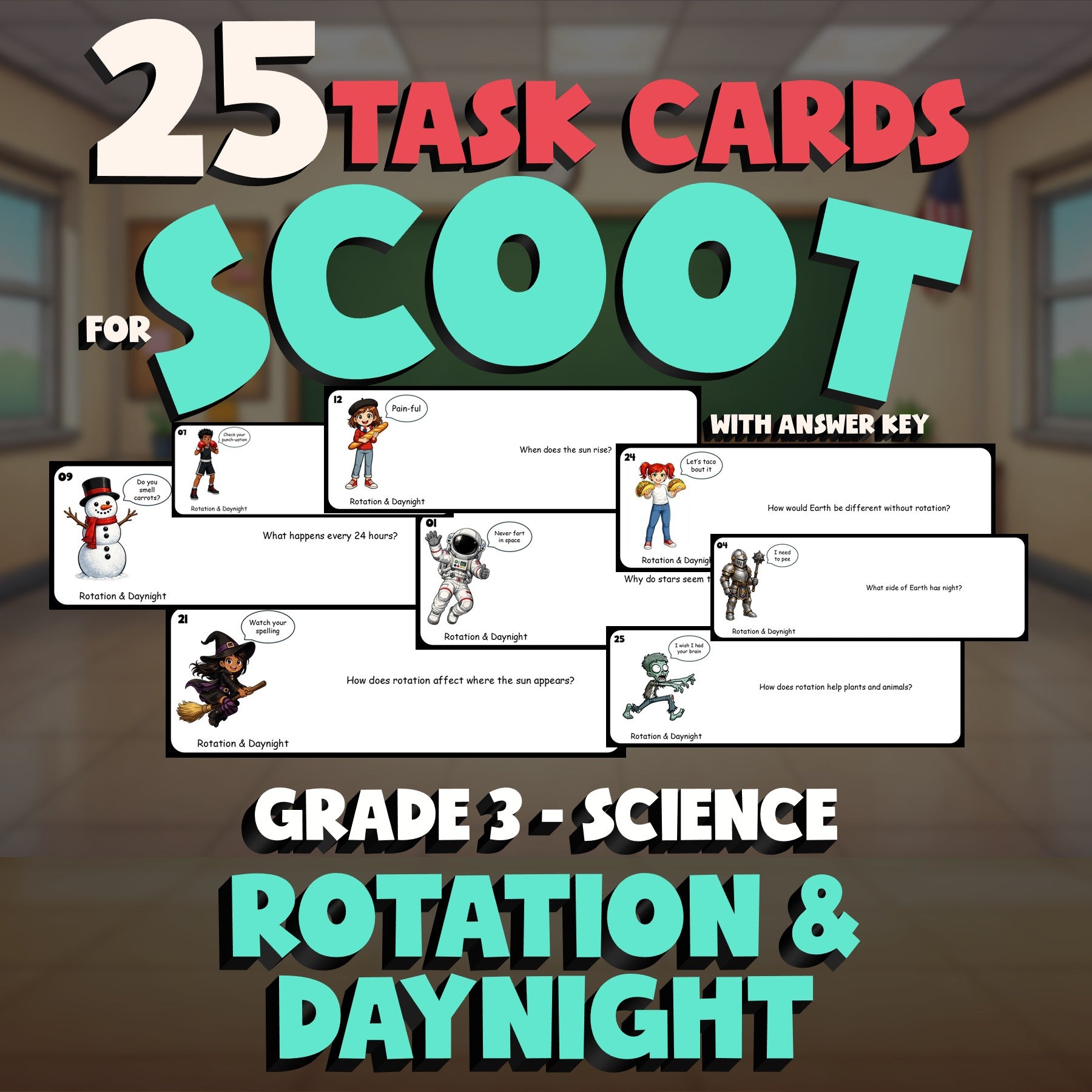 Rotation & Daynight SCOOT TASK CARDS Science Game - No Prep Grade 3 Review