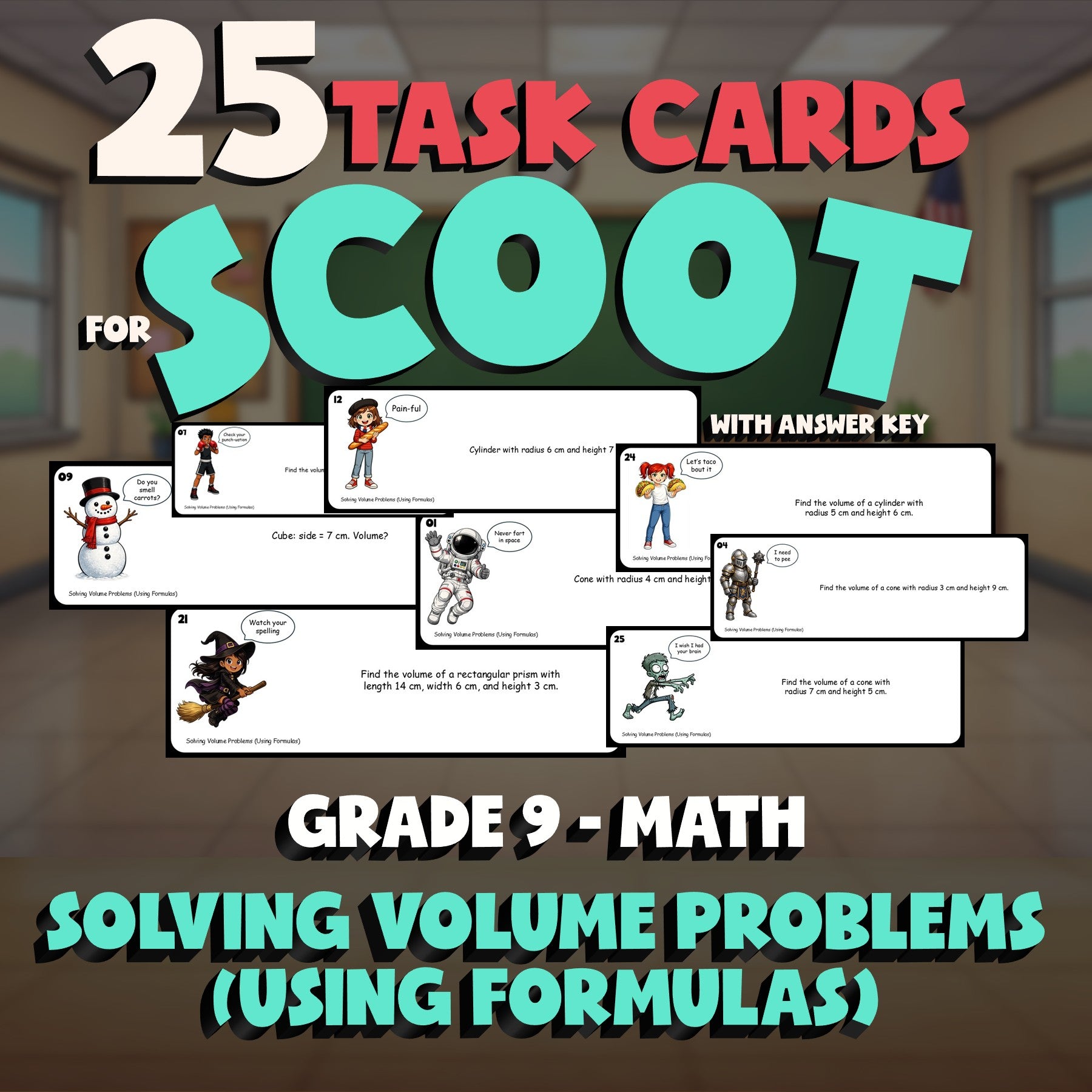 Solving Volume Problems (Using Formulas) SCOOT TASK CARDS Math Game - Grade 9