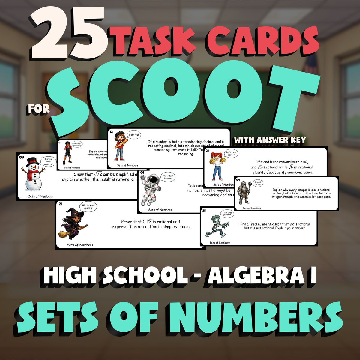 Sets of Numbers SCOOT TASK CARDS Math Game - No Prep Algebra 1 Review Activity