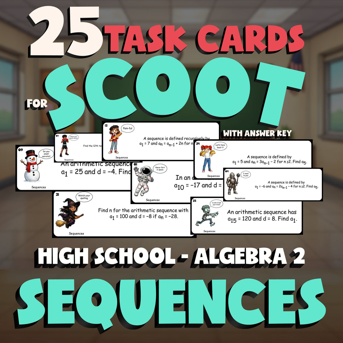 Sequences SCOOT TASK CARDS Math Game - No Prep Algebra 2 Review Activity