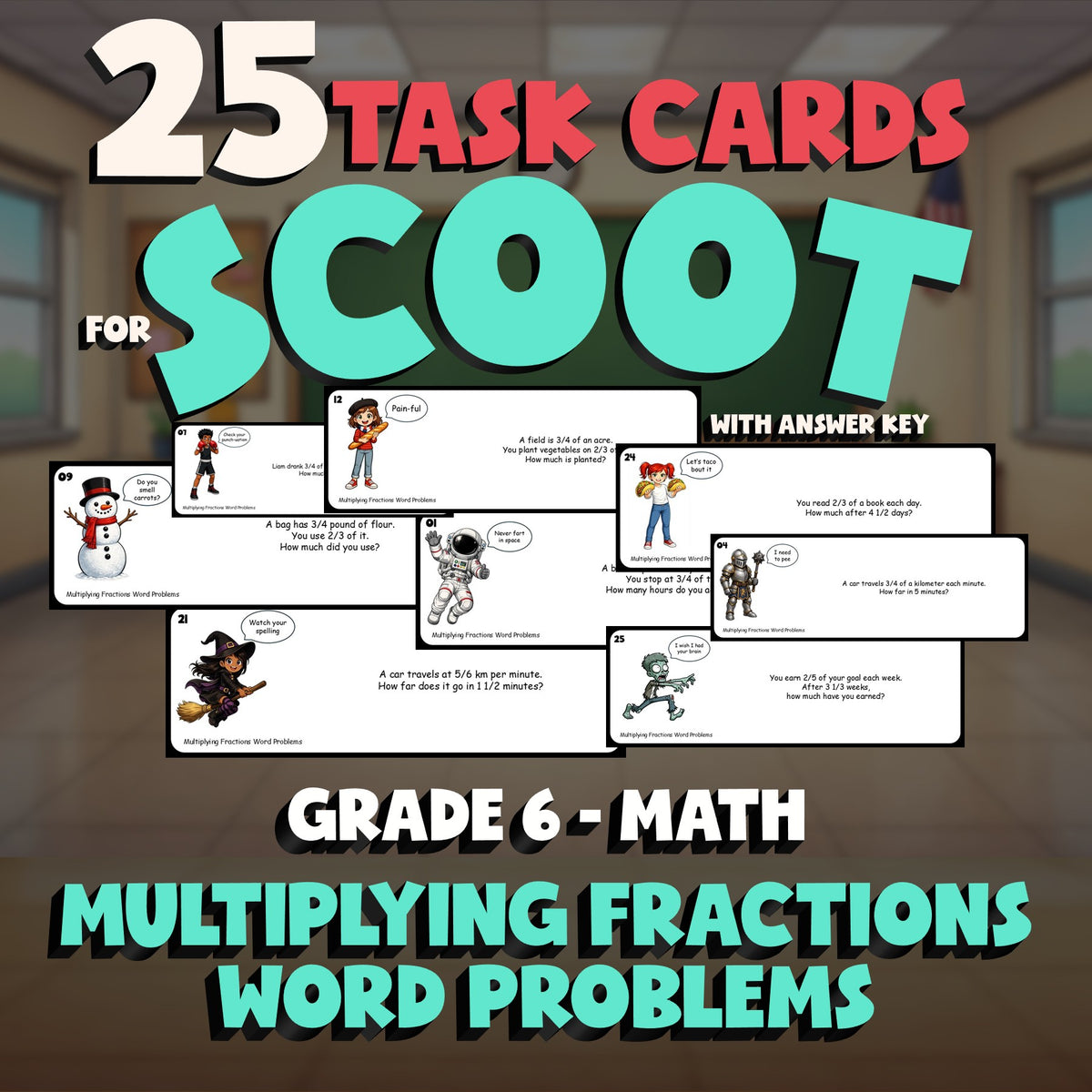 Multiplying Fractions Word Problems SCOOT TASK CARDS Math Game - No Prep Grade 6