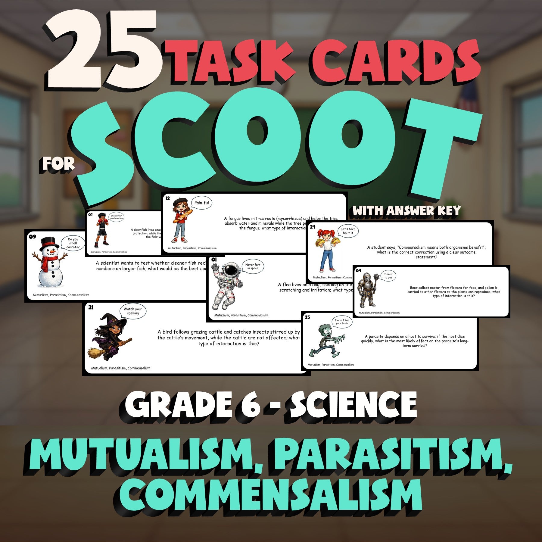 Mutualism, Parasitism, Commensalism SCOOT TASK CARDS Science Game - Grade 6