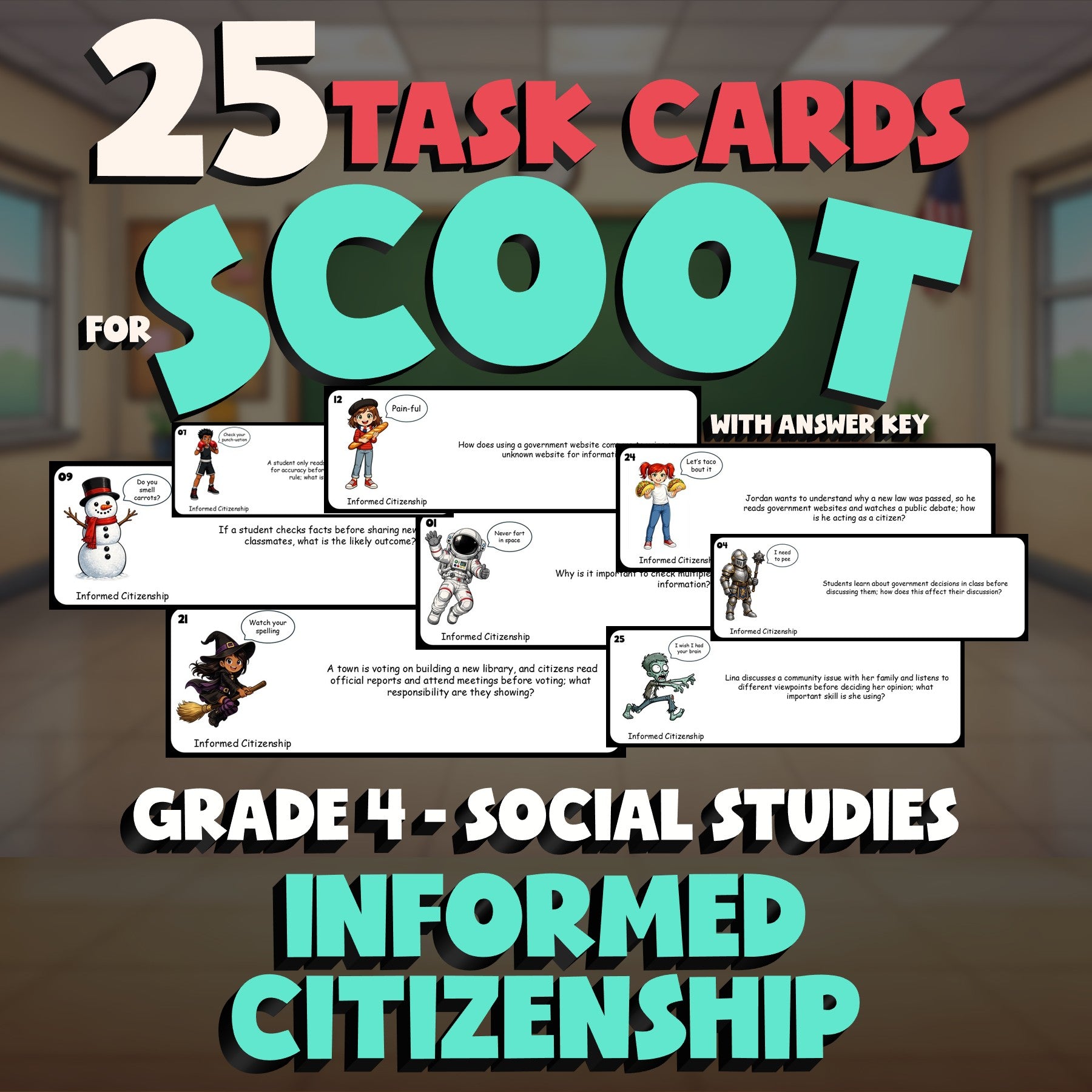 Informed Citizenship SCOOT TASK CARDS Socials Game - No Prep Grade 4 Review
