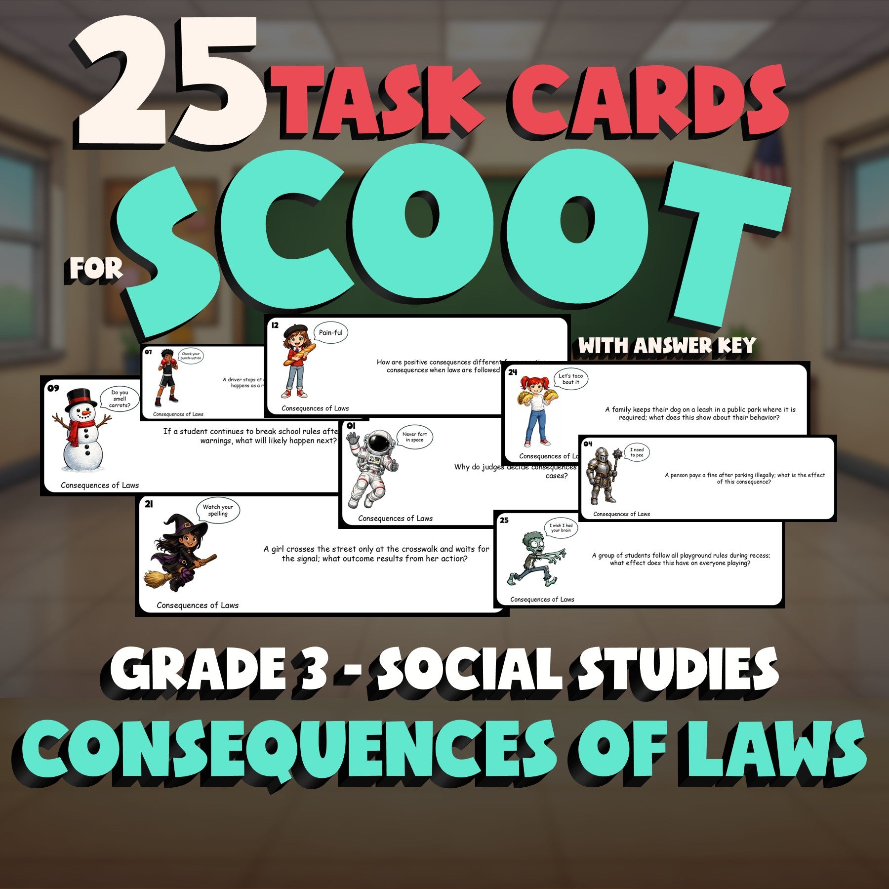 Consequences of Laws SCOOT TASK CARDS Socials Game - No Prep Grade 3 Review